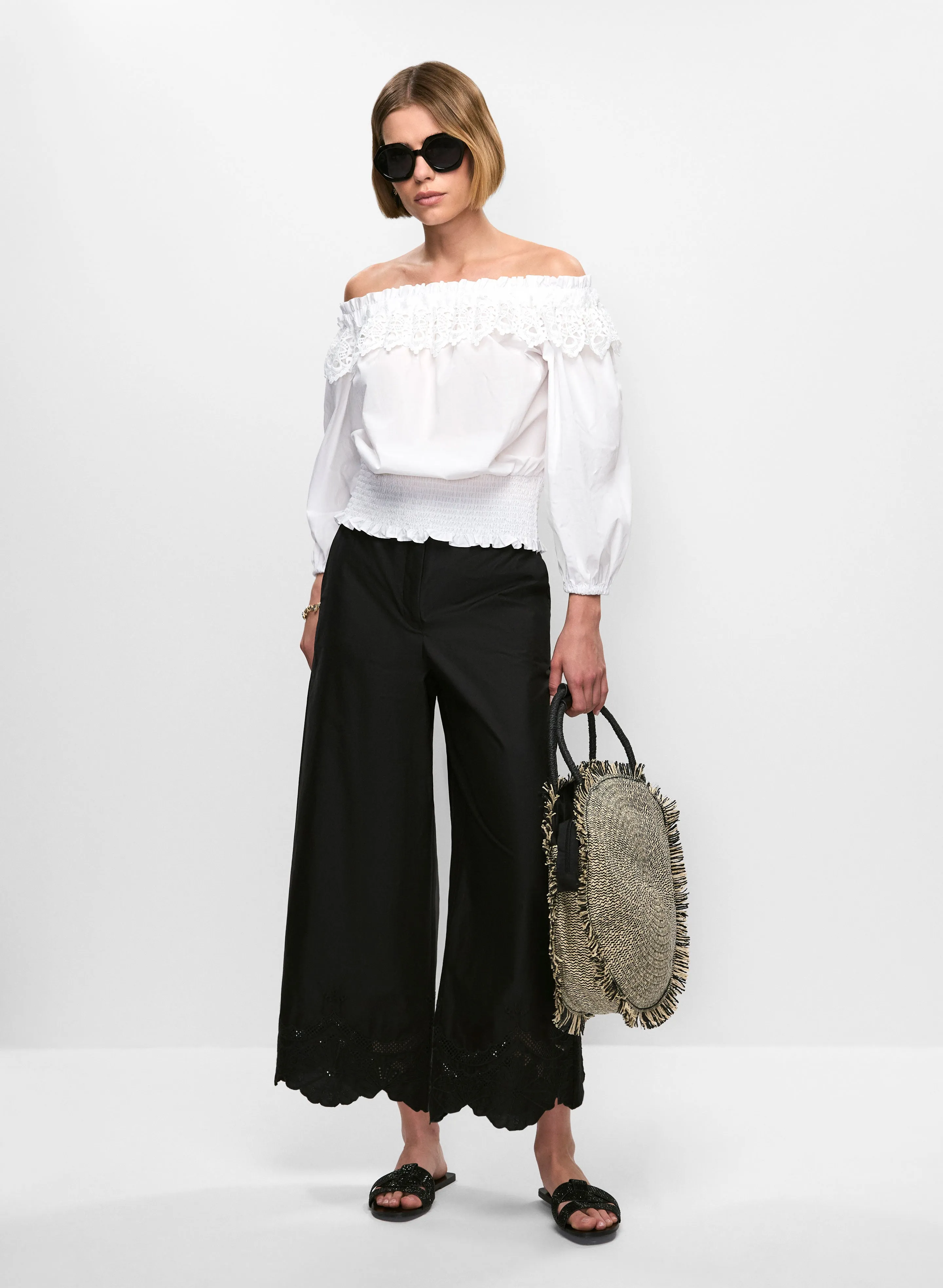 Off-the-Shoulder Blouse & Embroidered Cropped Pants sold by Melanie Lyne