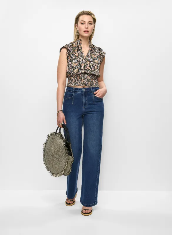 Ruched Hem Floral Blouse & Dart Waist Wide Leg Jeans sold by Melanie Lyne