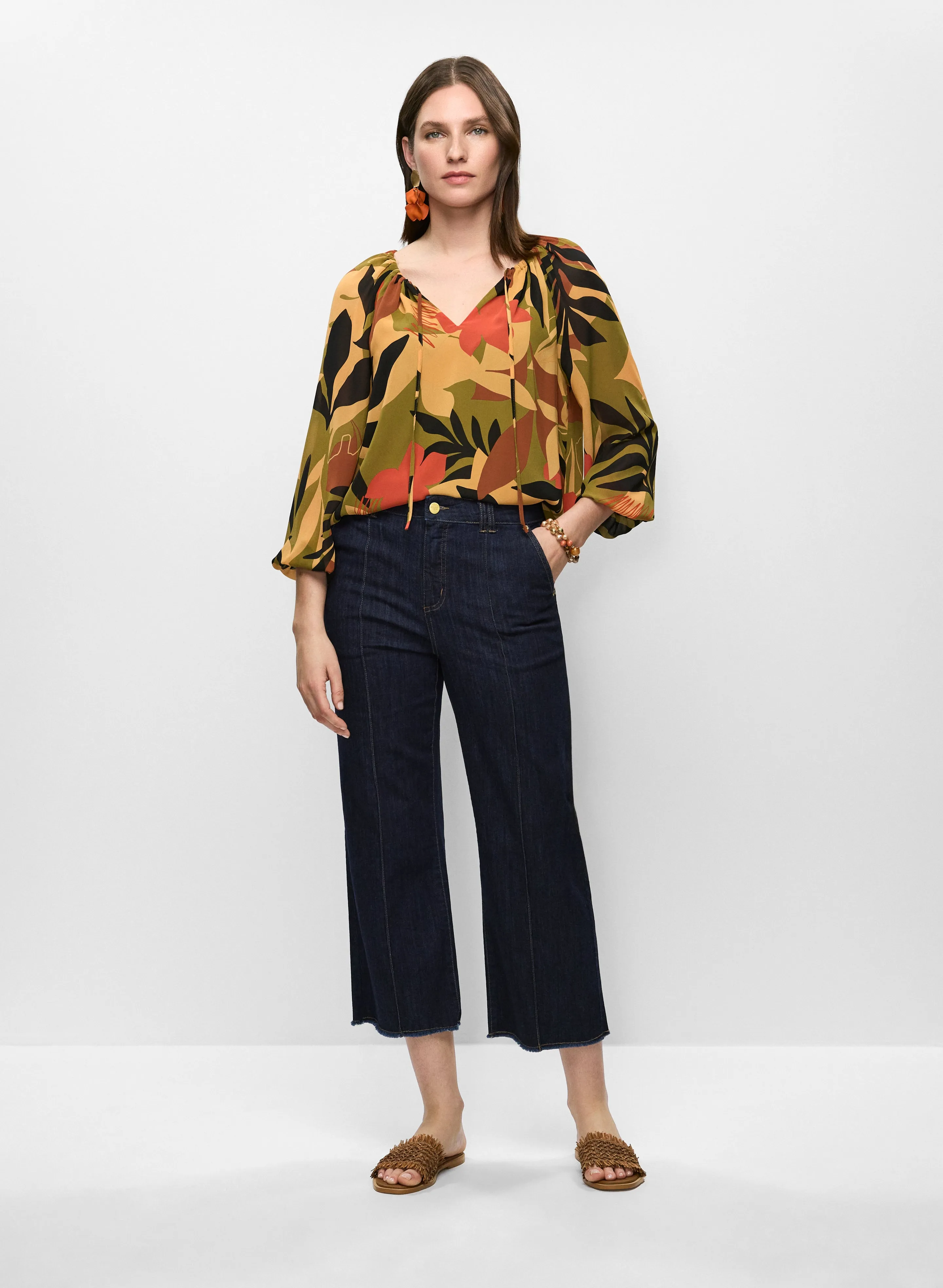 Tropical Print Tie Neck Blouse & Frayed Hem Flare Leg Jeans sold by Melanie Lyne