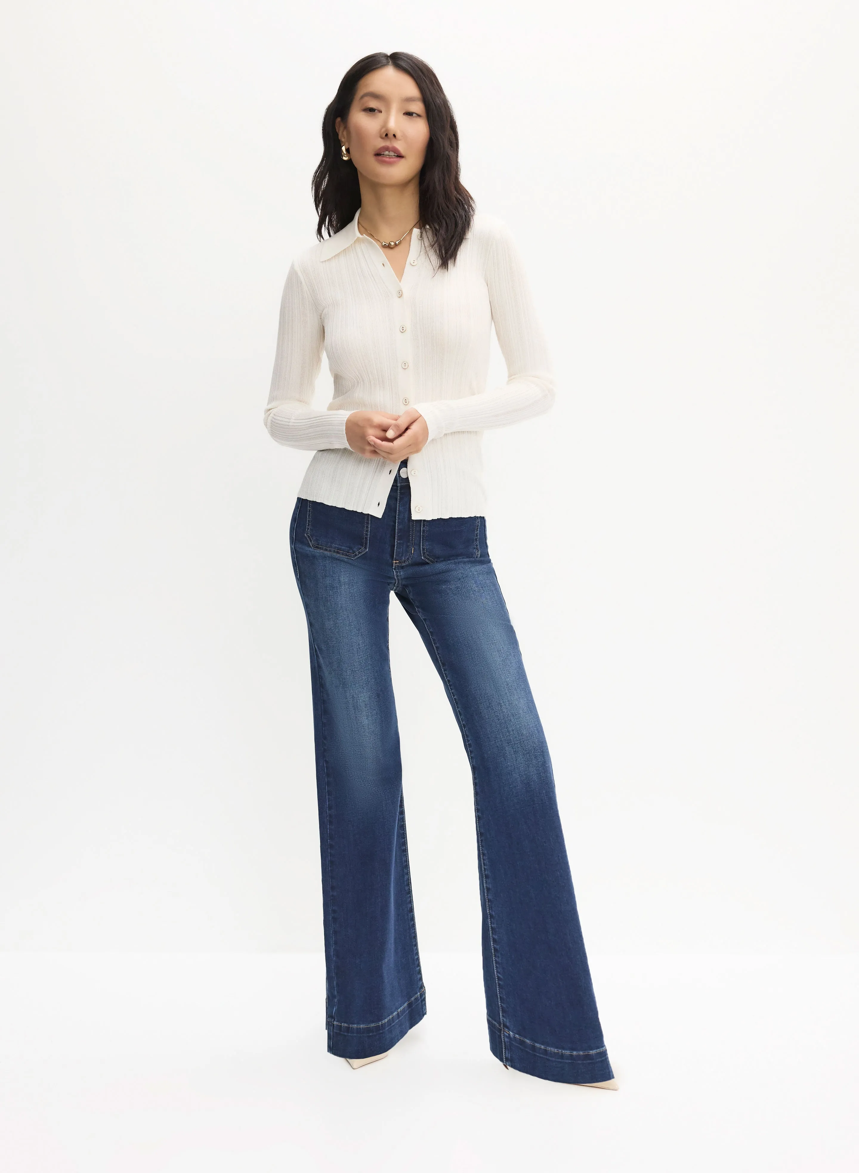 Button-Up Sweater & Flare Leg Jeans sold by Melanie Lyne