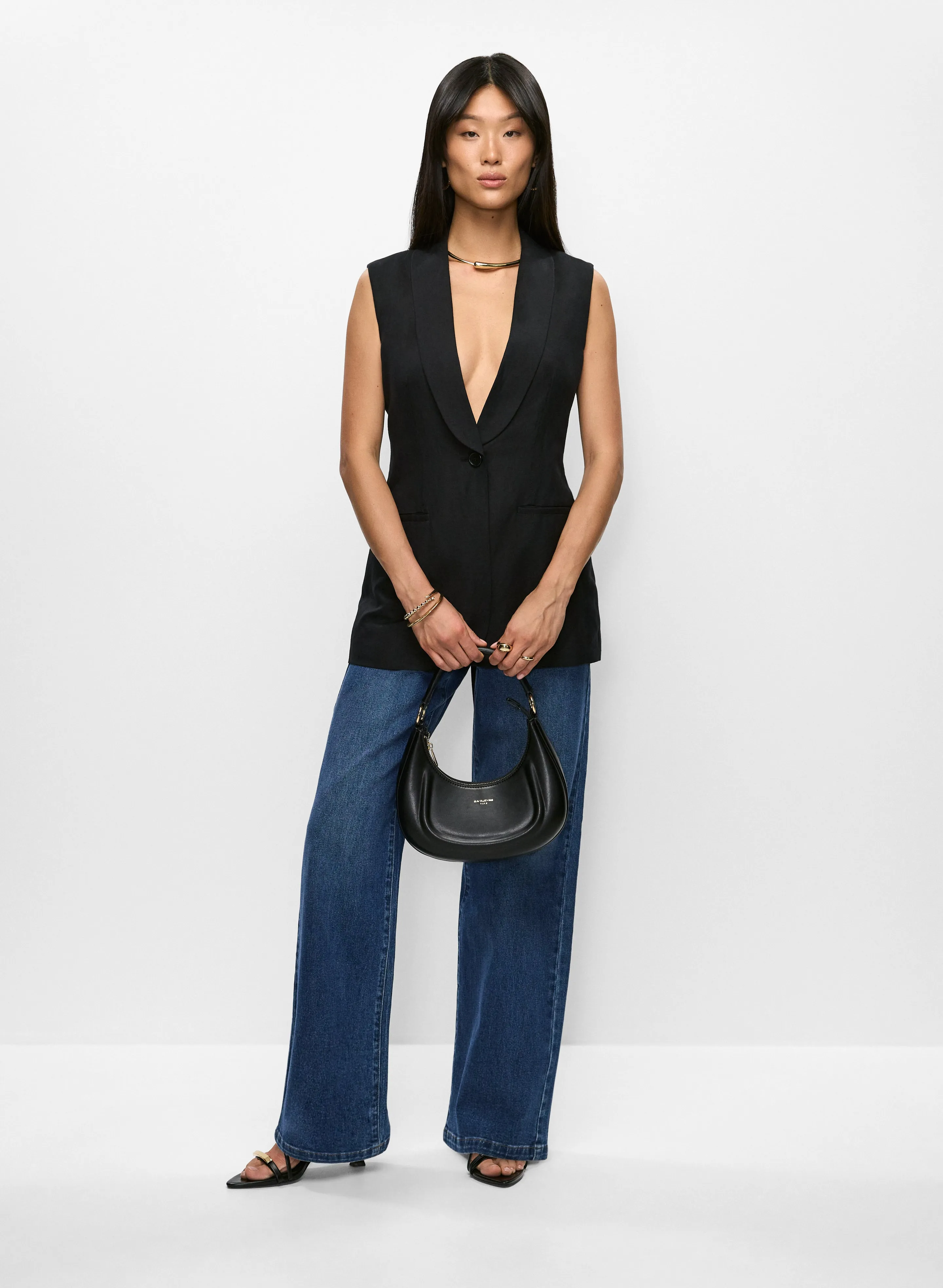 Long Linen-Blend Vest & Dart Waist Wide-Leg Jeans sold by Melanie Lyne