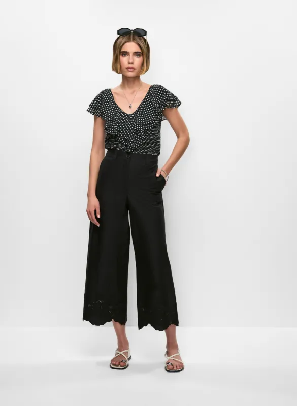 Ruffled Polka Dot Blouse & Embroidered Wide-Leg Pants sold by Melanie Lyne