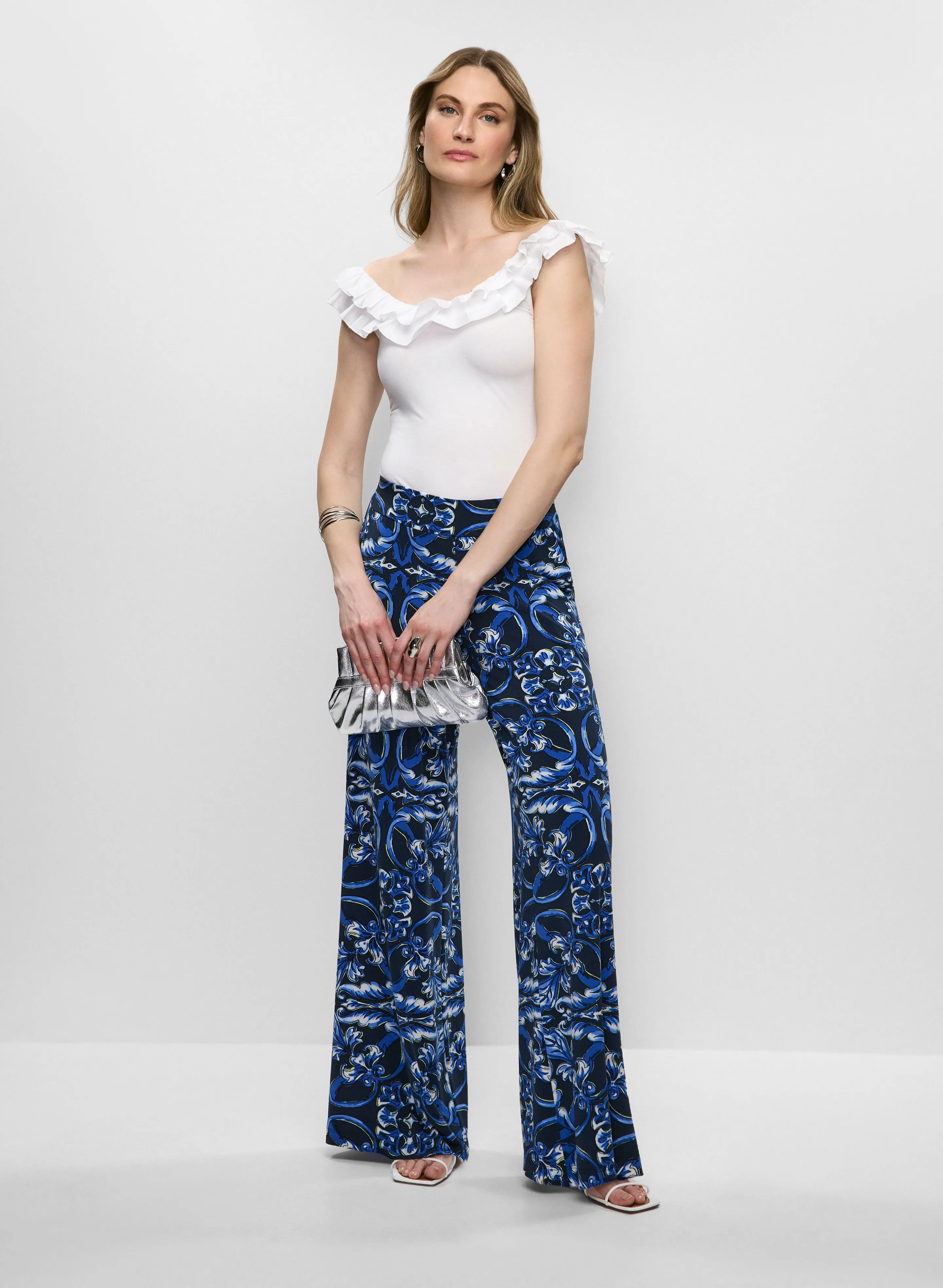 Ruffle Off-The-Shoulder Top & Abstract Print Wide Leg Pants sold by Melanie Lyne