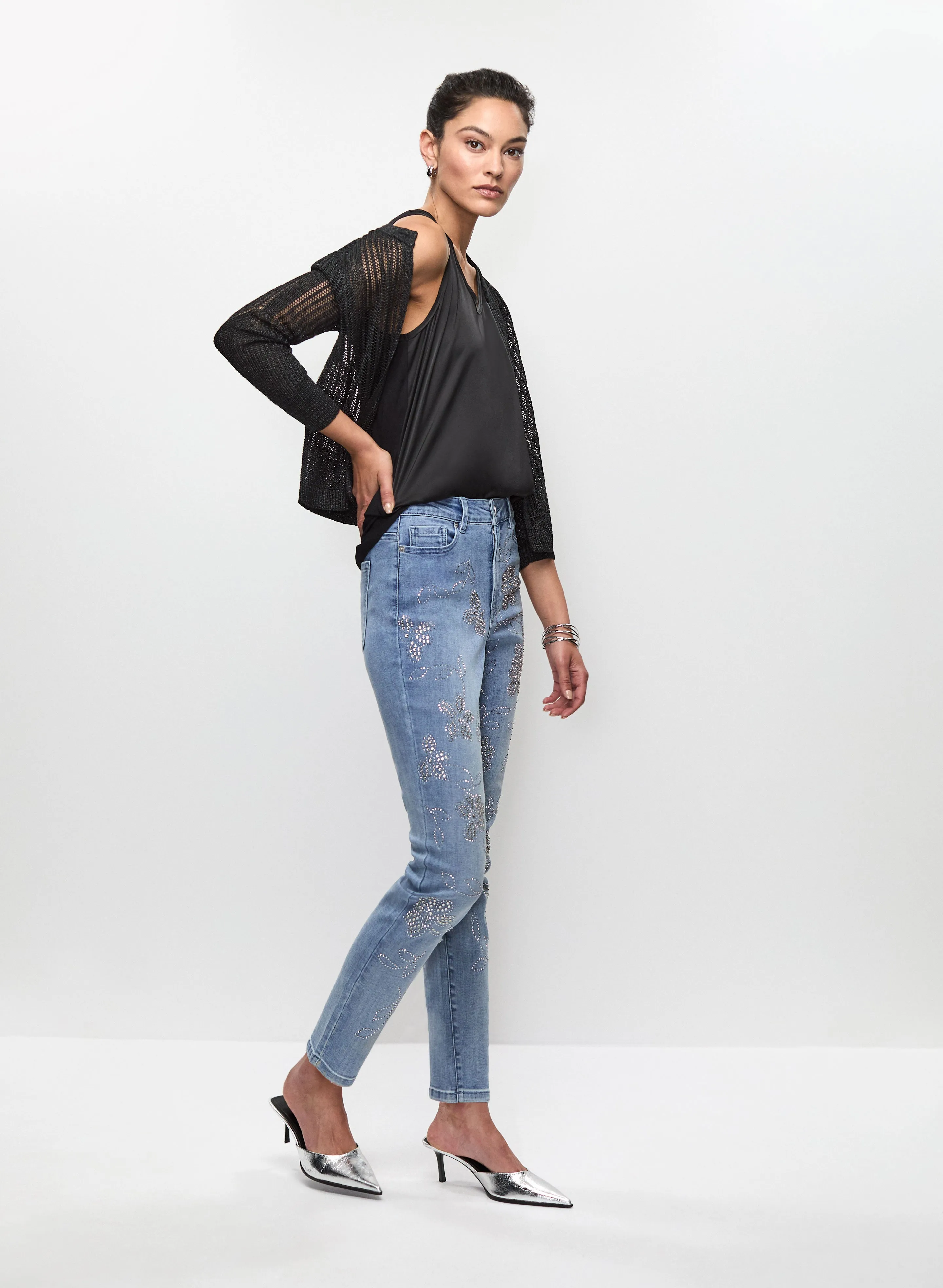 Chain Detail Open-Knit Cardigan & Floral Embellished Jeans sold by Melanie Lyne