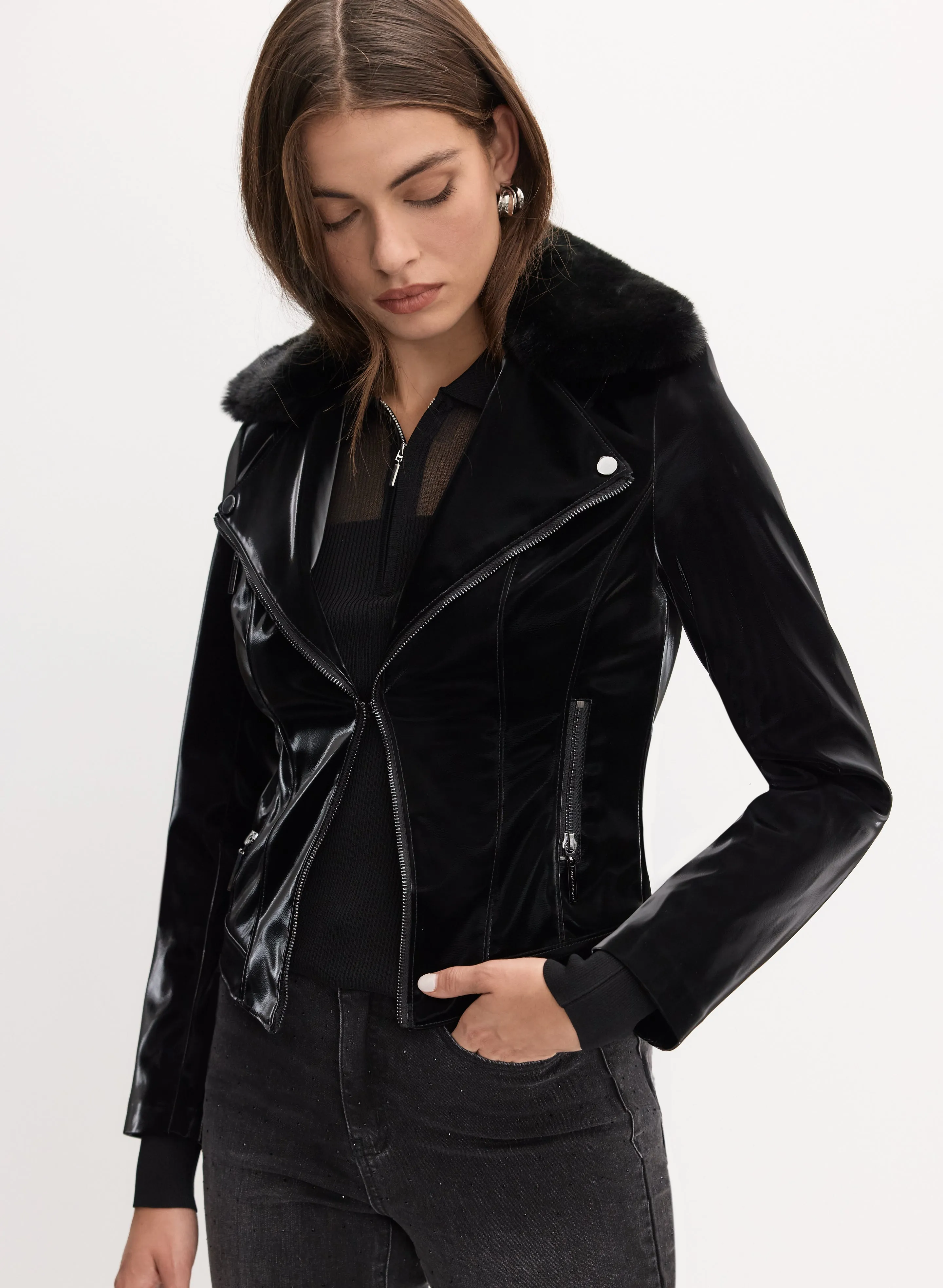 Joseph Ribkoff - Faux Fur Collar Vegan Leather Jacket sold by Melanie Lyne product image thumbnail 5