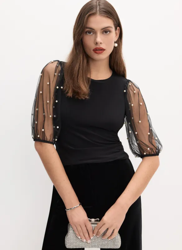 Joseph Ribkoff - Mesh Balloon Sleeve Top sold by Melanie Lyne