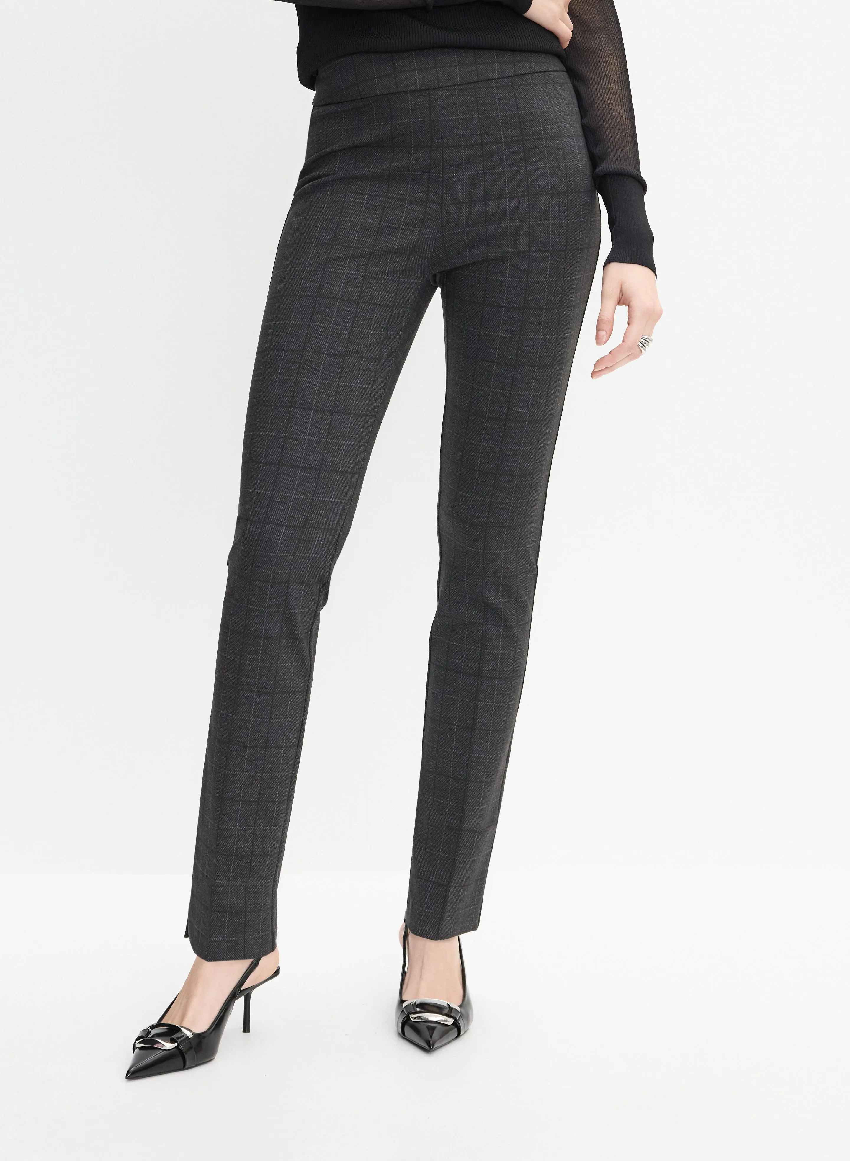 Madison Plaid Print Slim-Leg Pants sold by Melanie Lyne