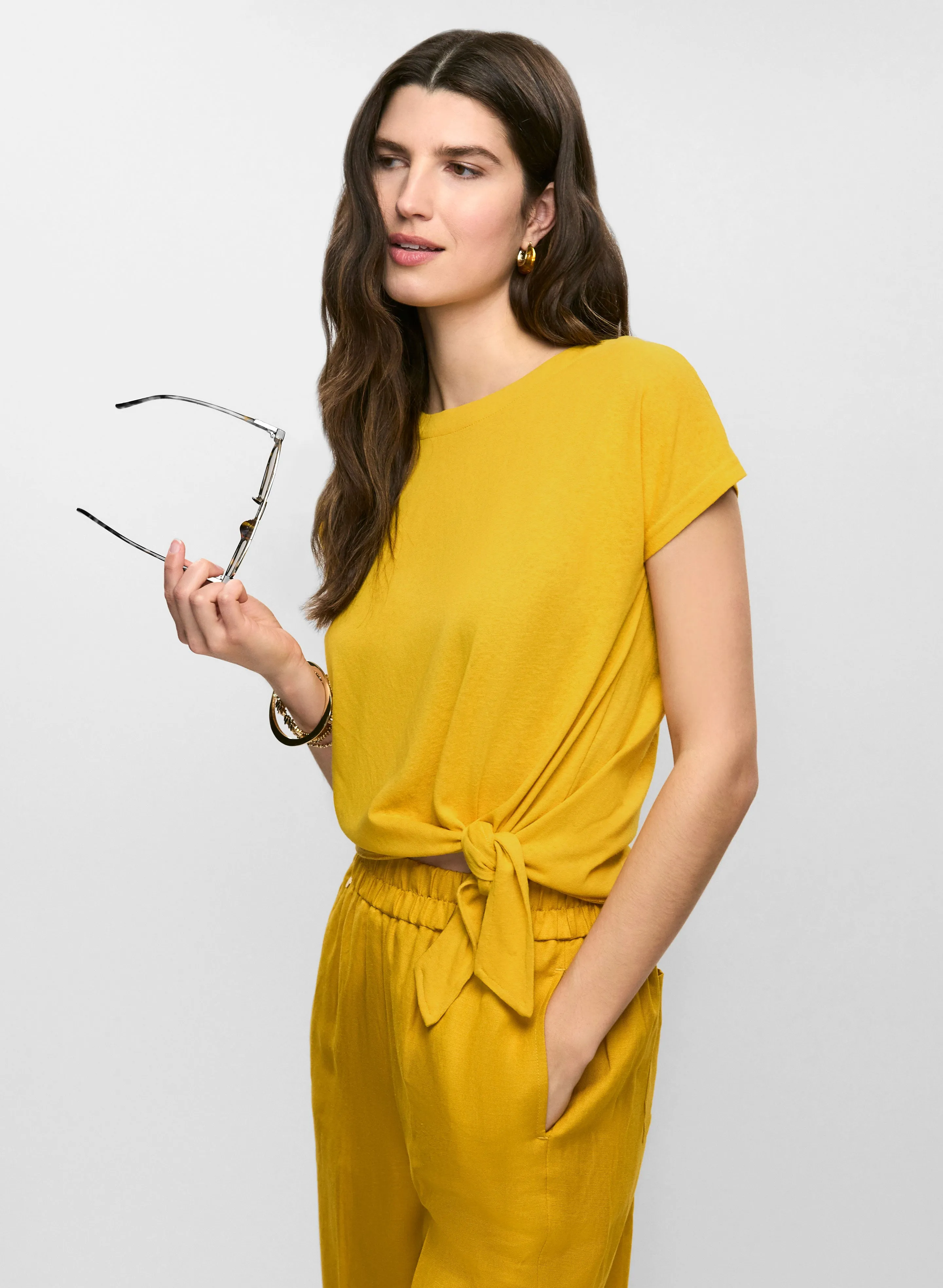 Linen-Blend Tie Hem T-Shirt sold by Melanie Lyne