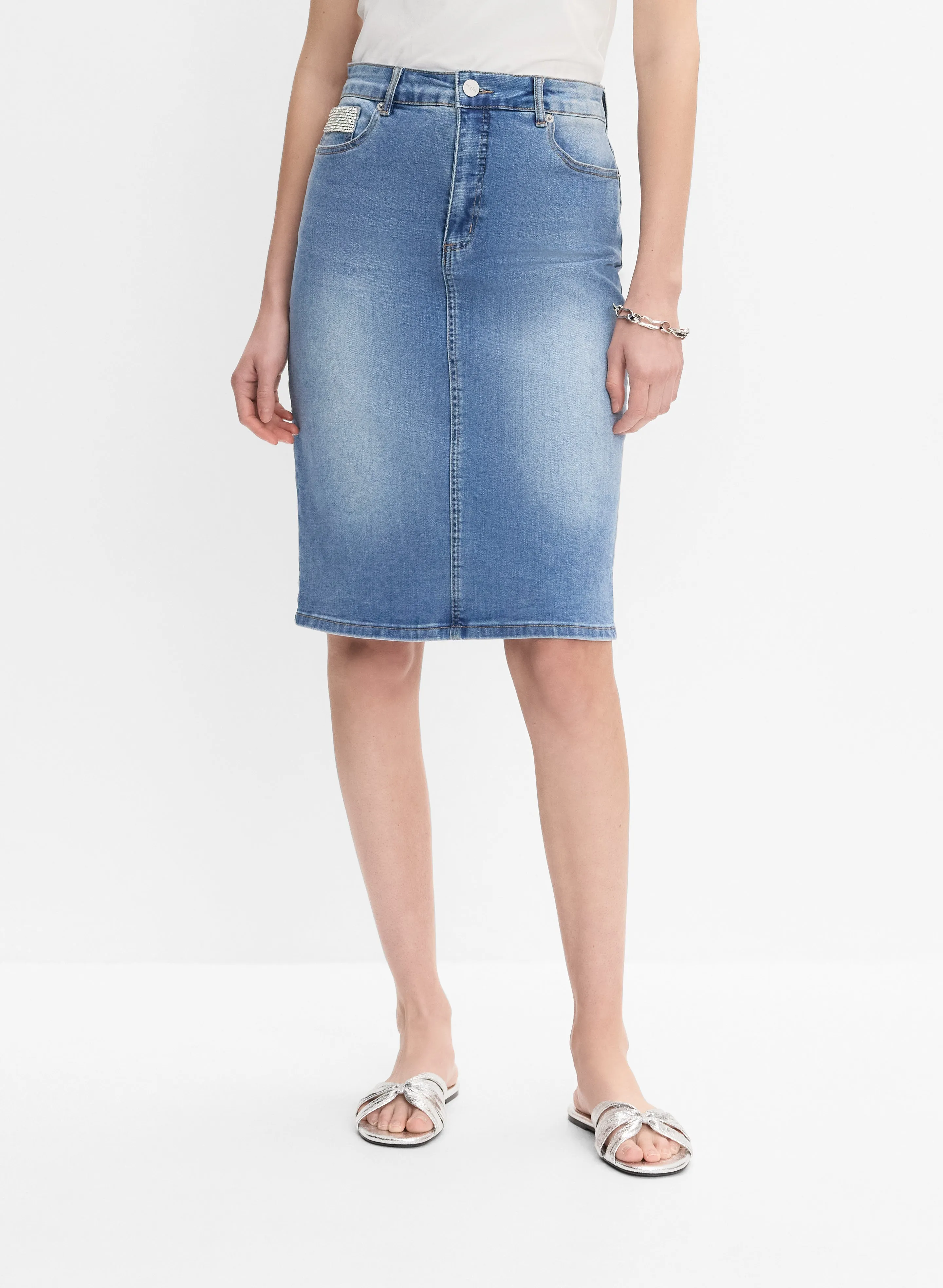 Embellished Denim Pencil Skirt sold by Melanie Lyne