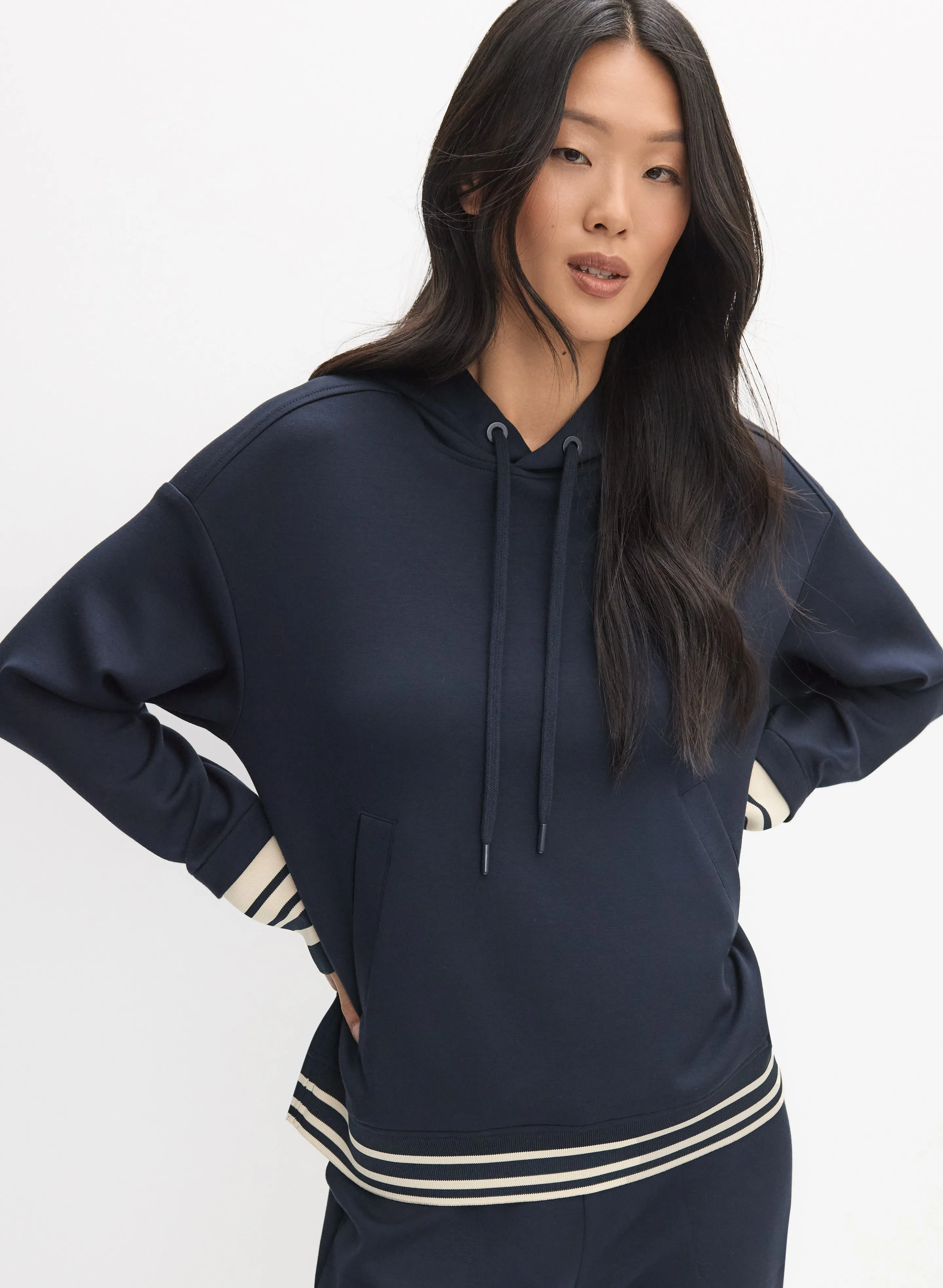 Striped Trim Hooded Sweatshirt sold by Melanie Lyne