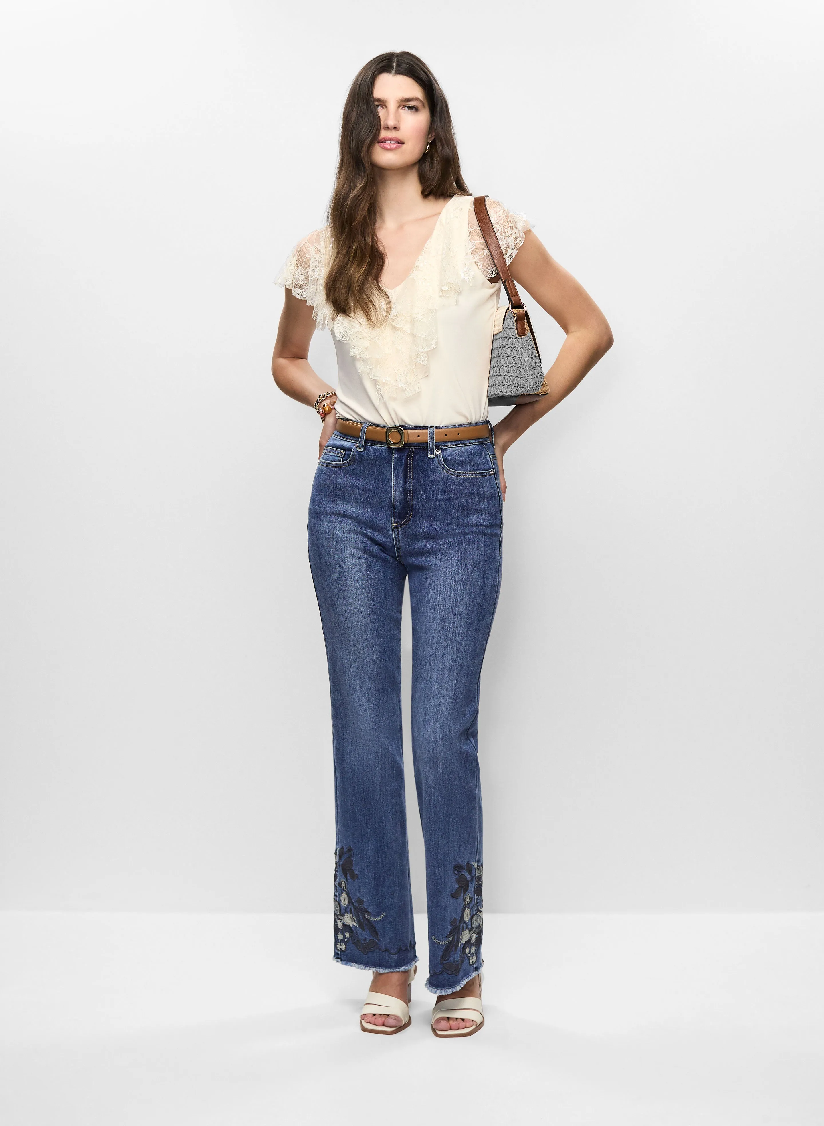 Ruffle V-Neck Top & Embroidered Hem Jeans sold by Melanie Lyne