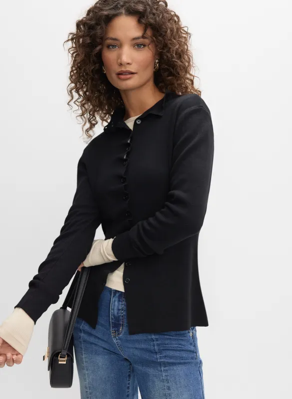 Ruffle Button-Front Cardigan sold by Melanie Lyne