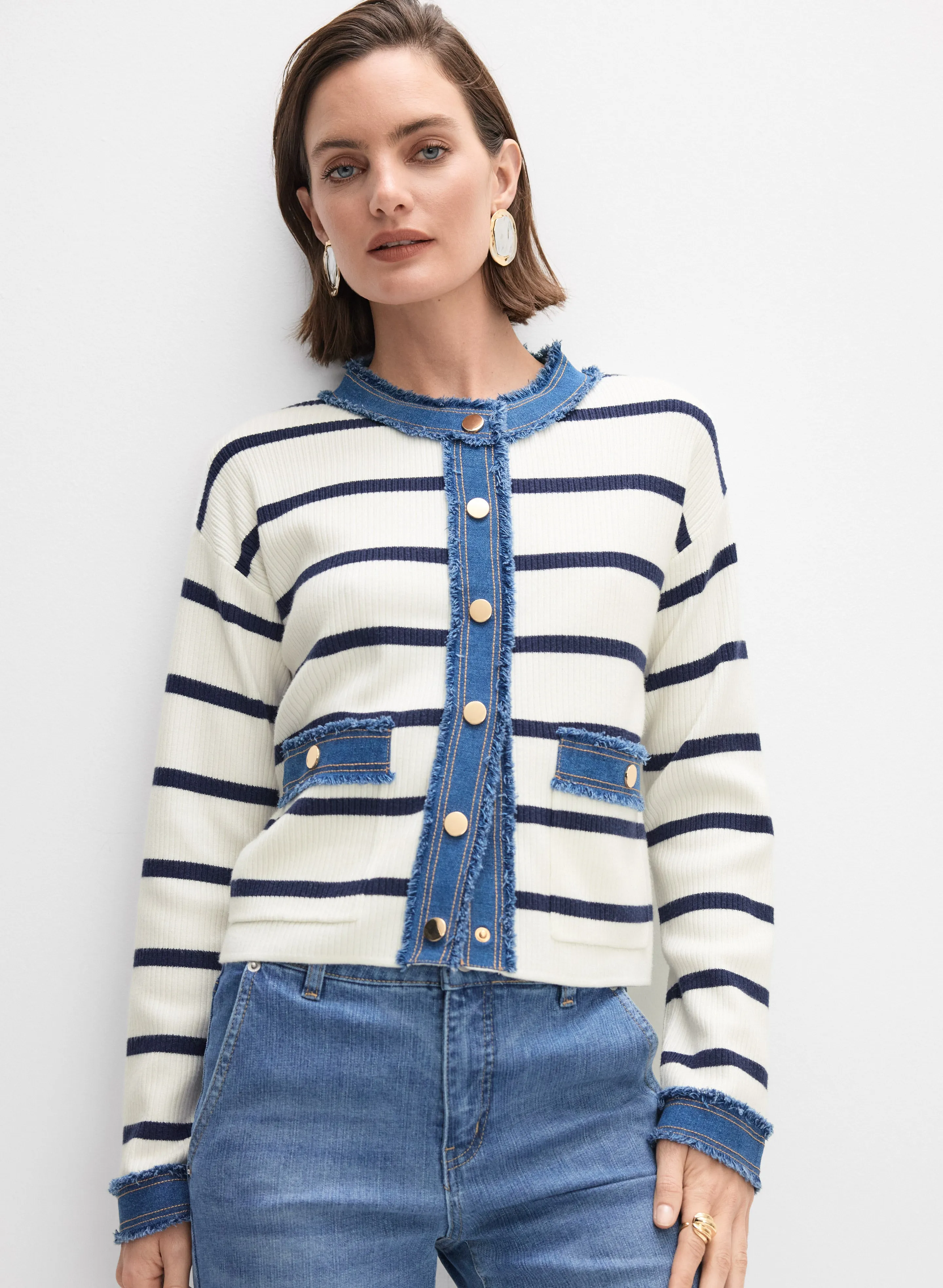 Striped Denim Trim Cardigan sold by Melanie Lyne