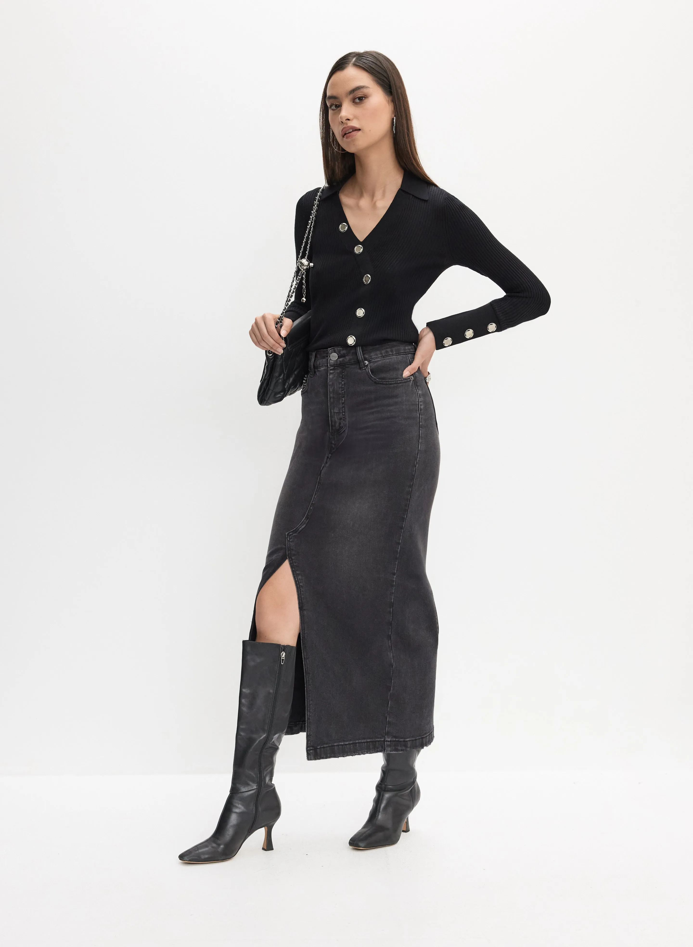 Button-Up Sweater & Denim Maxi Skirt sold by Melanie Lyne