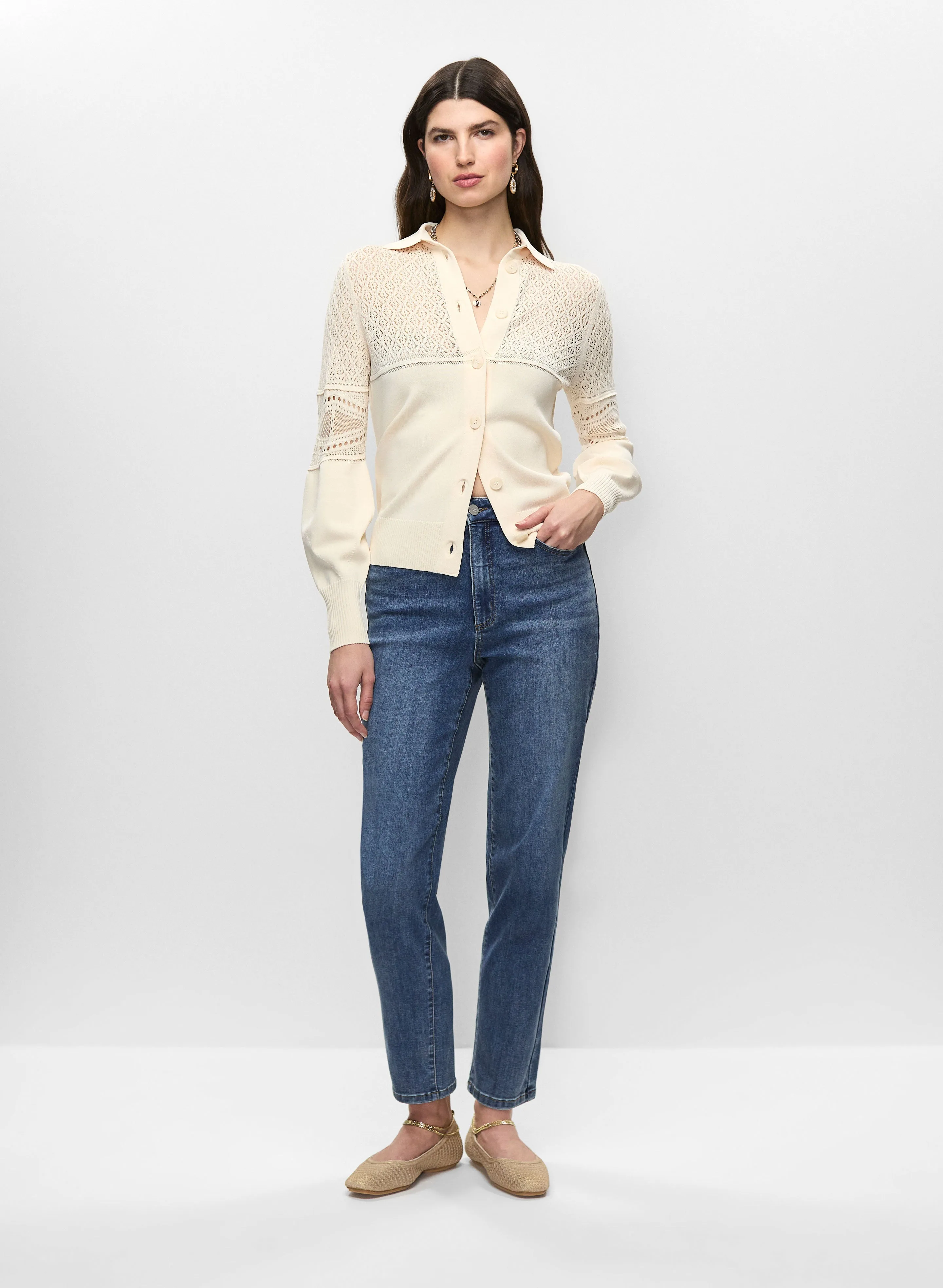 Pointelle Polo Cardigan & Straight Leg Jeans sold by Melanie Lyne