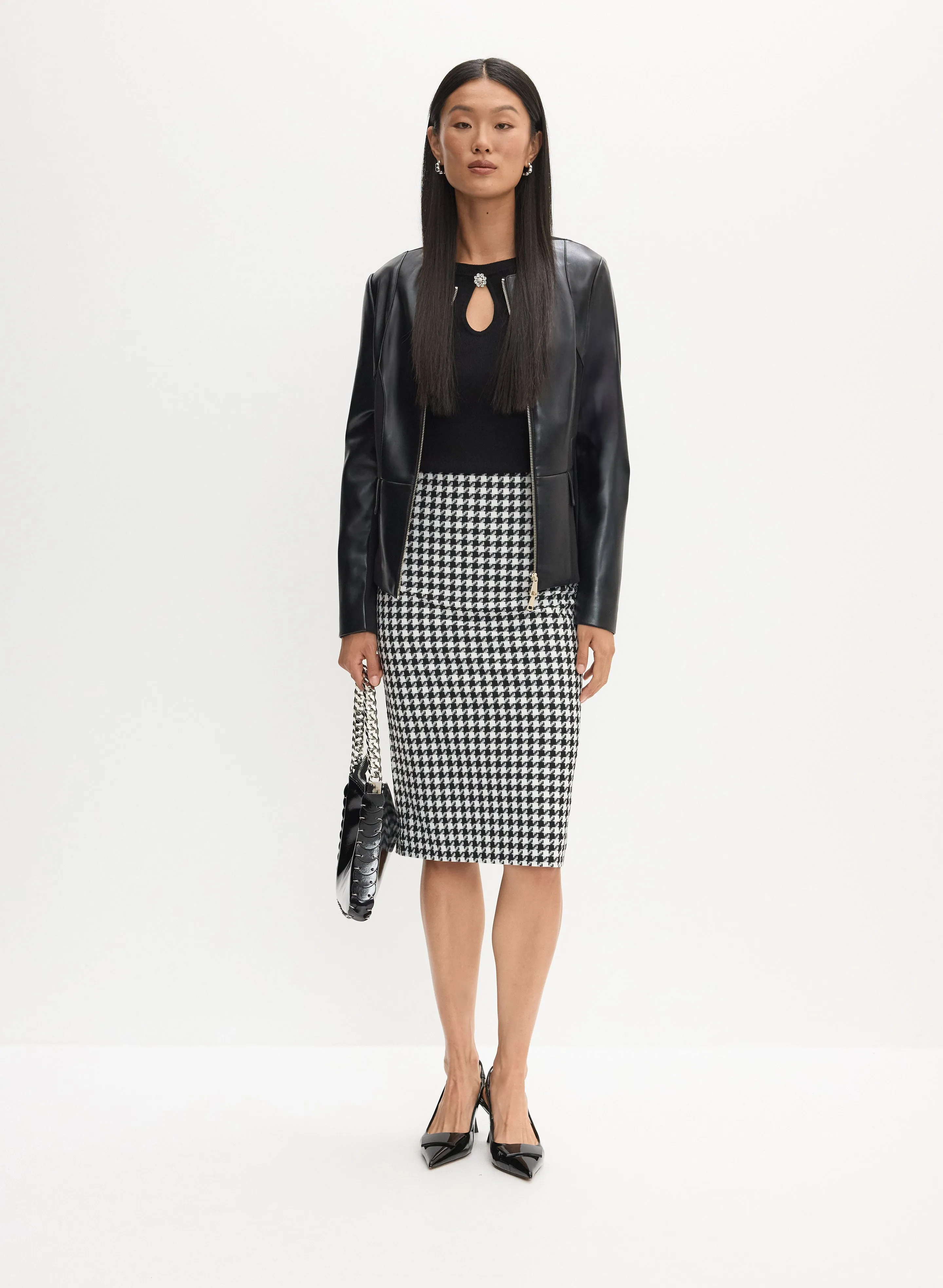 Vegan Leather Jacket & Houndstooth Print Pencil Skirt sold by Melanie Lyne
