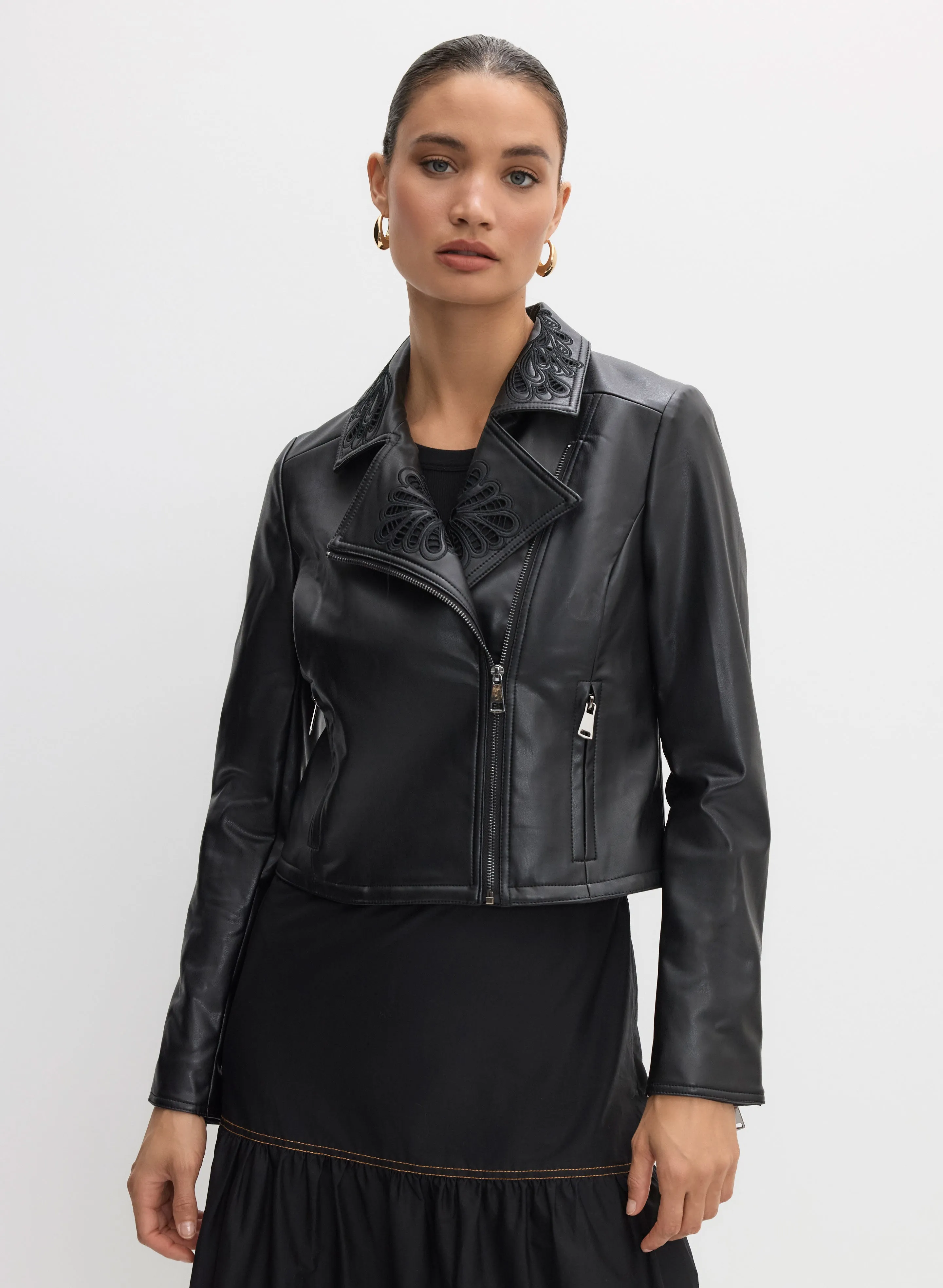 Embroidered Detail Vegan Leather Jacket sold by Melanie Lyne product image thumbnail 3