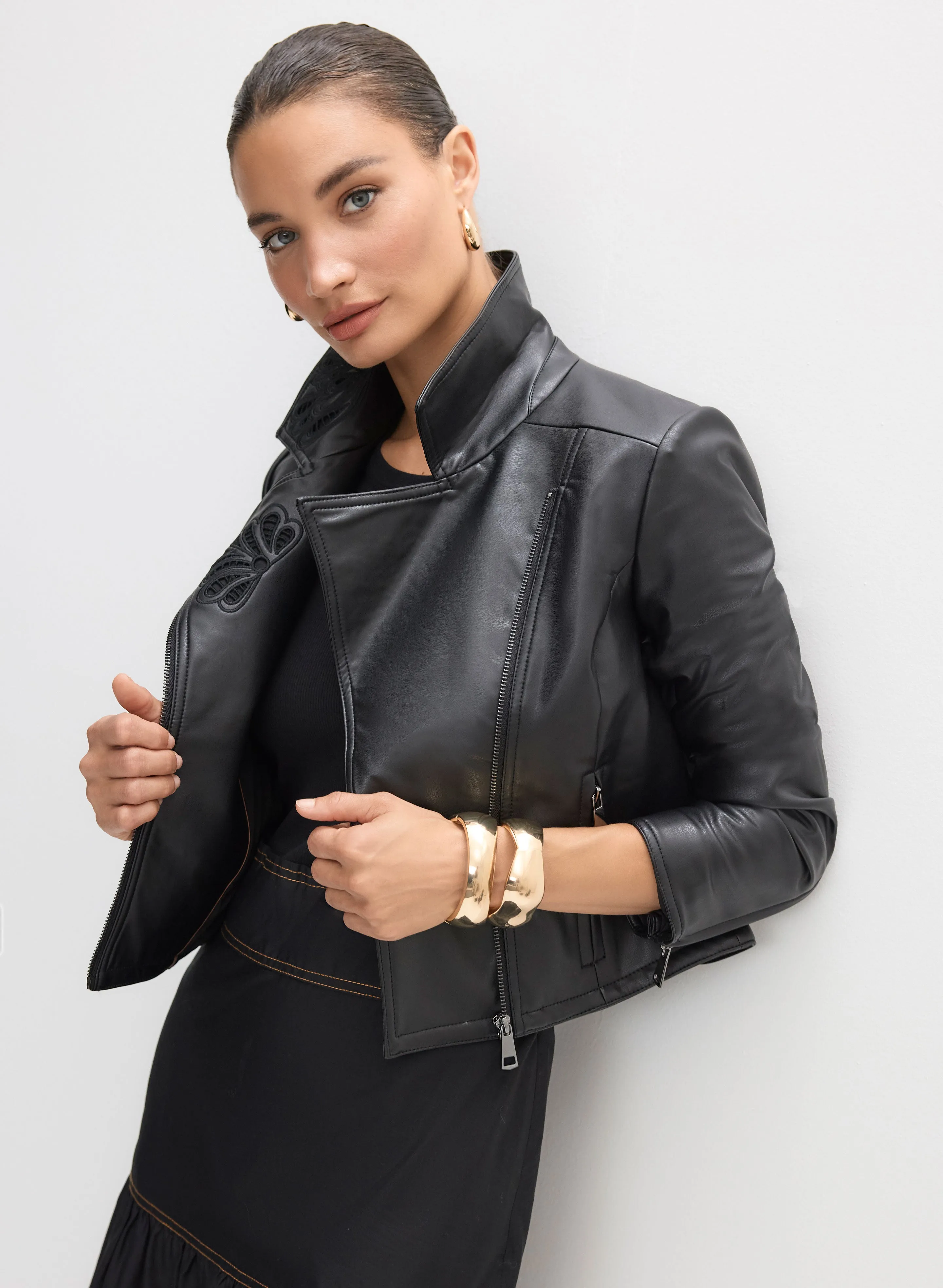 Embroidered Detail Vegan Leather Jacket sold by Melanie Lyne