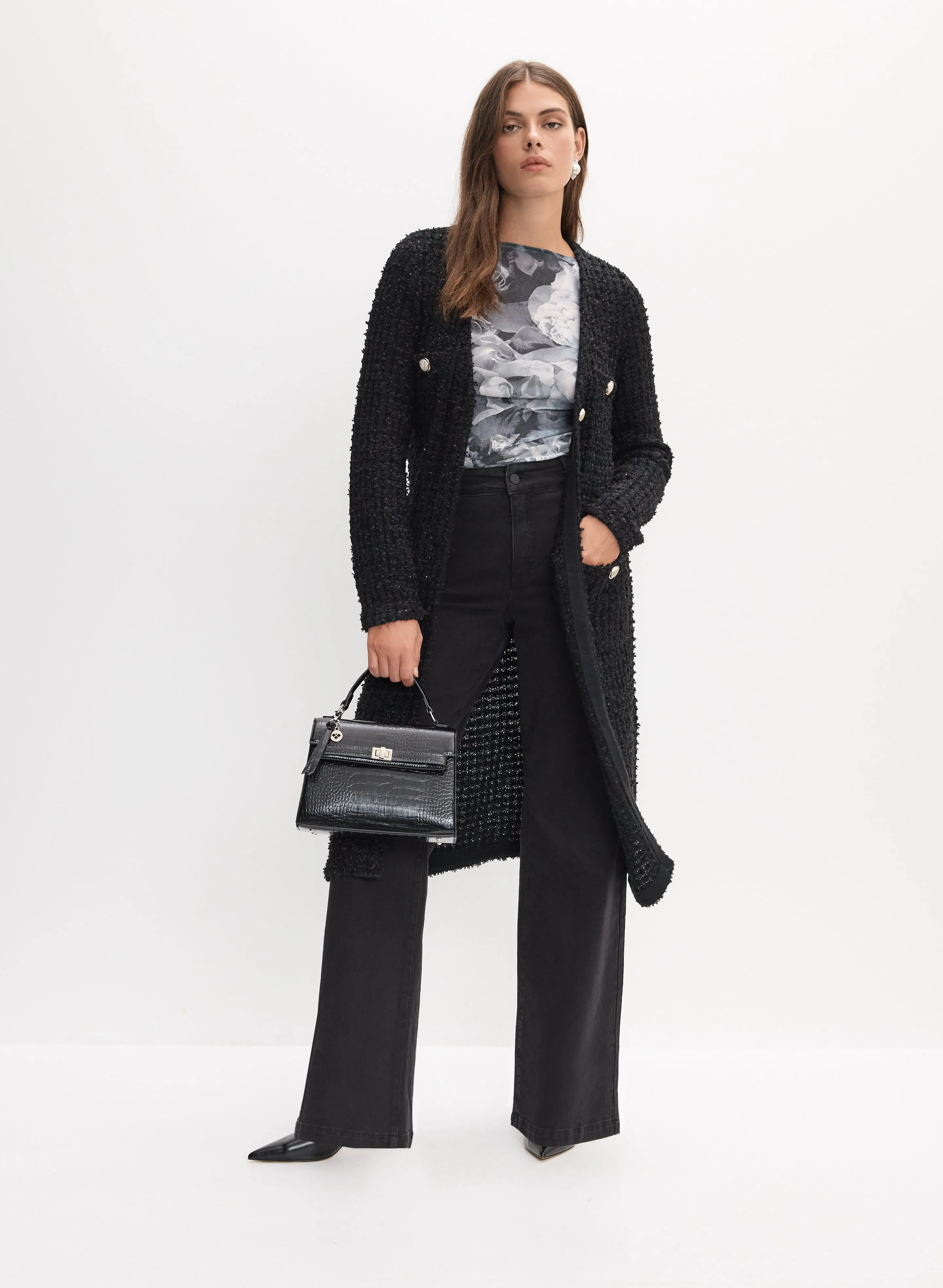 Button-Up Tweed Sweater & Wide Leg Jeans sold by Melanie Lyne