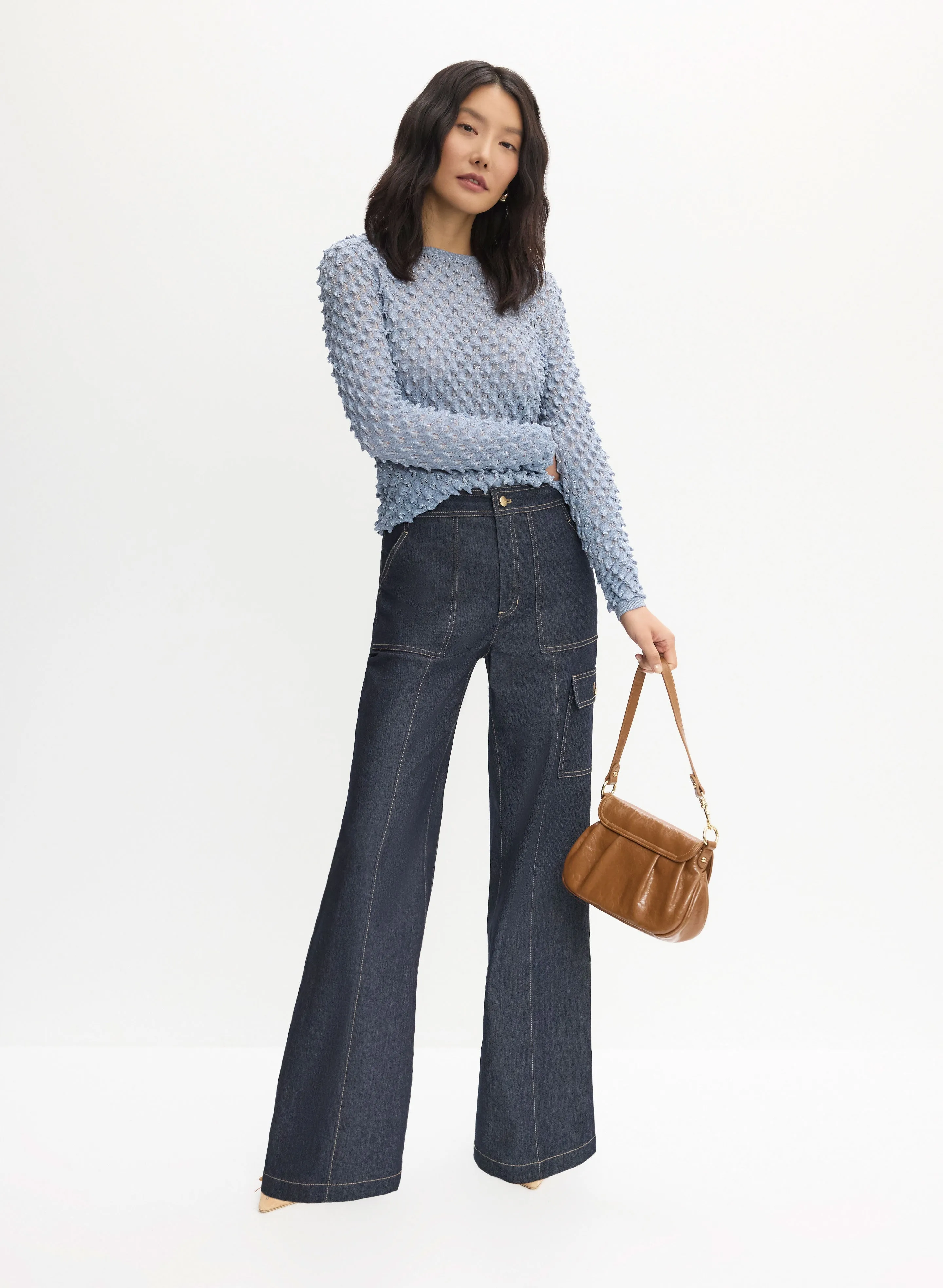 Bubble Knit Detail Sweater & Wide Leg Cargo Jeans sold by Melanie Lyne