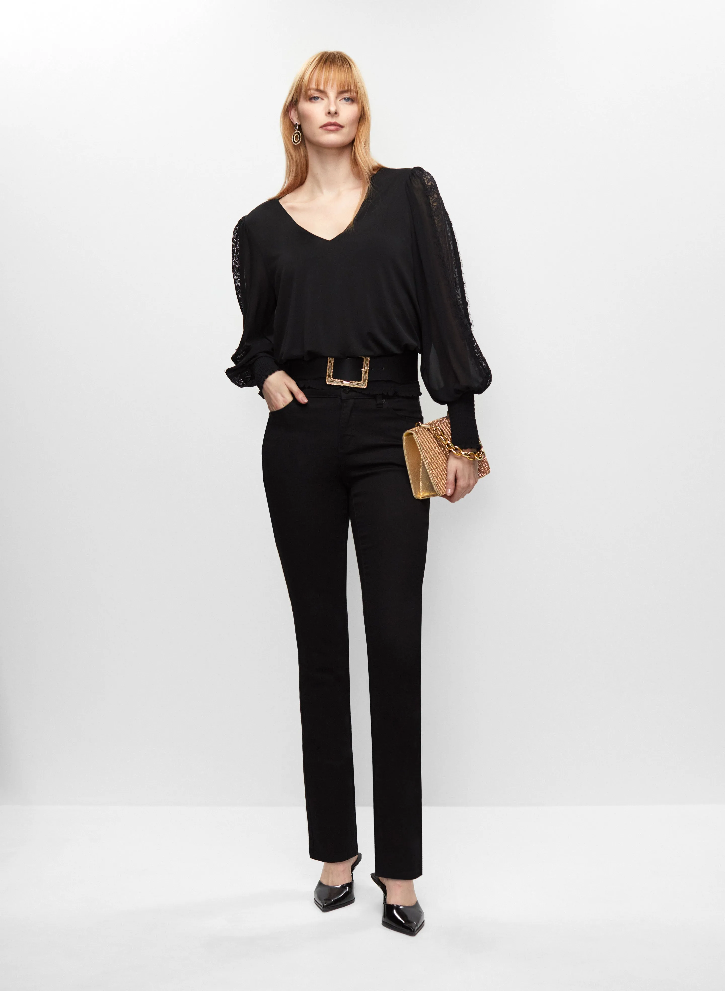 Balloon Sleeve Top & Rhinestone Hem Jeans sold by Melanie Lyne