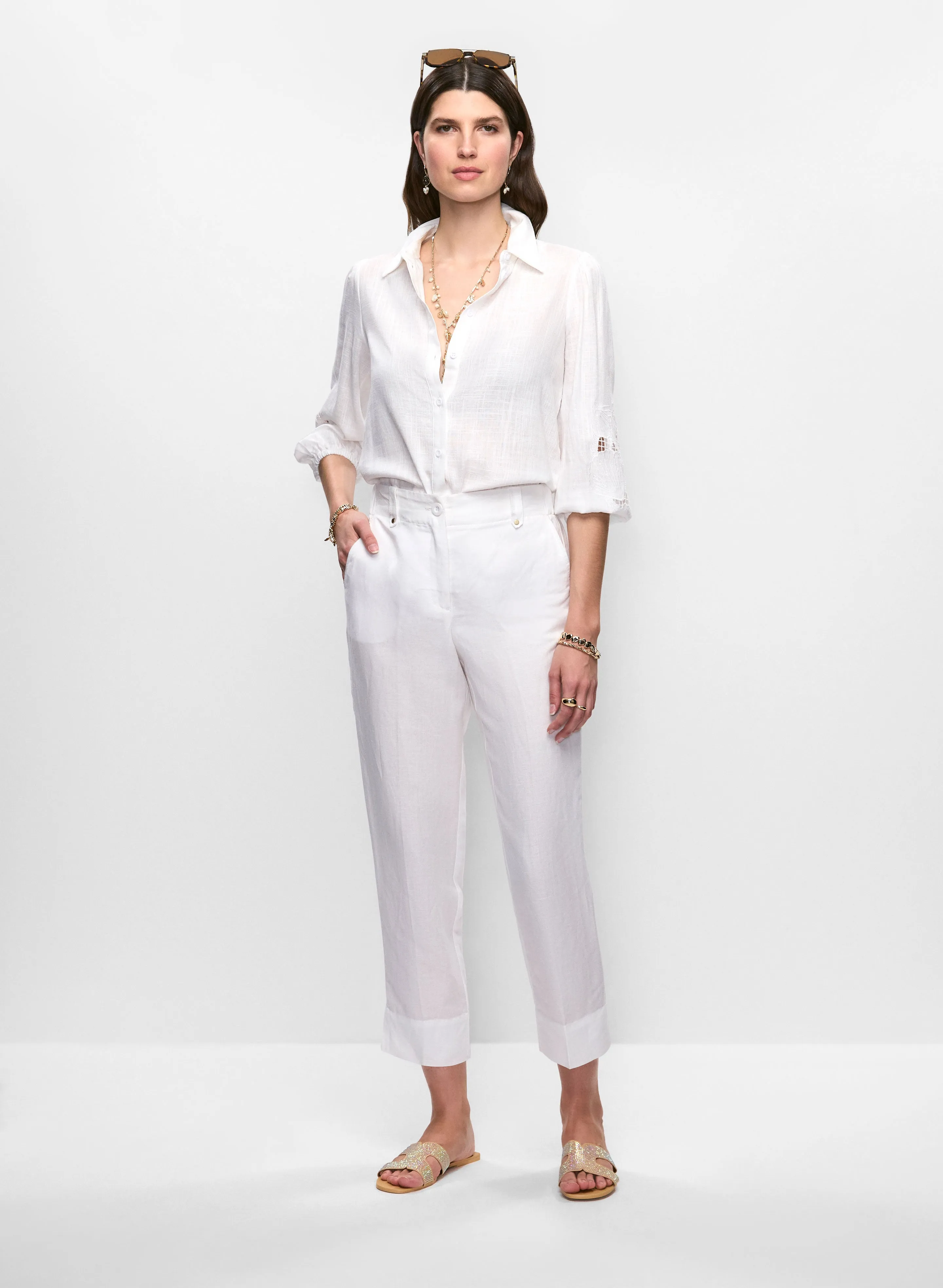 Embroidered Button Down Blouse & Linen-Blend Capri Pants sold by Melanie Lyne
