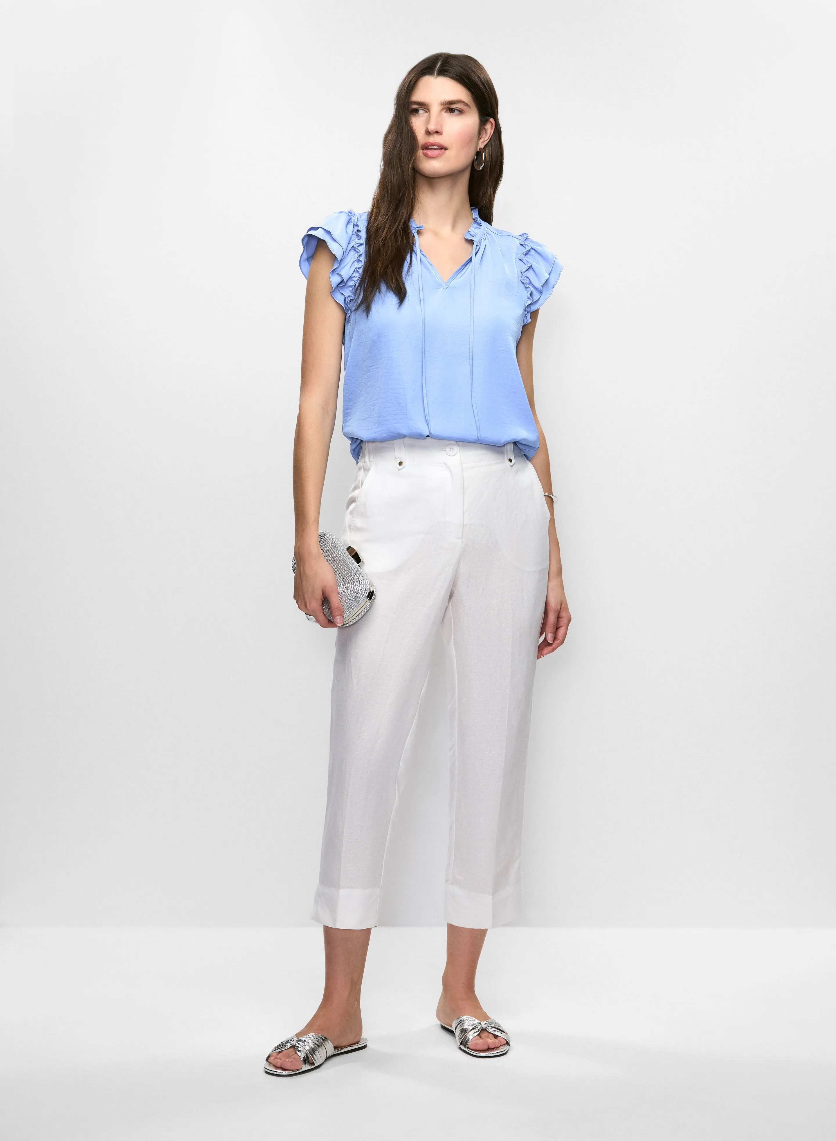 Satin Ruffle Blouse & Linen-Blend Capri Pants sold by Melanie Lyne