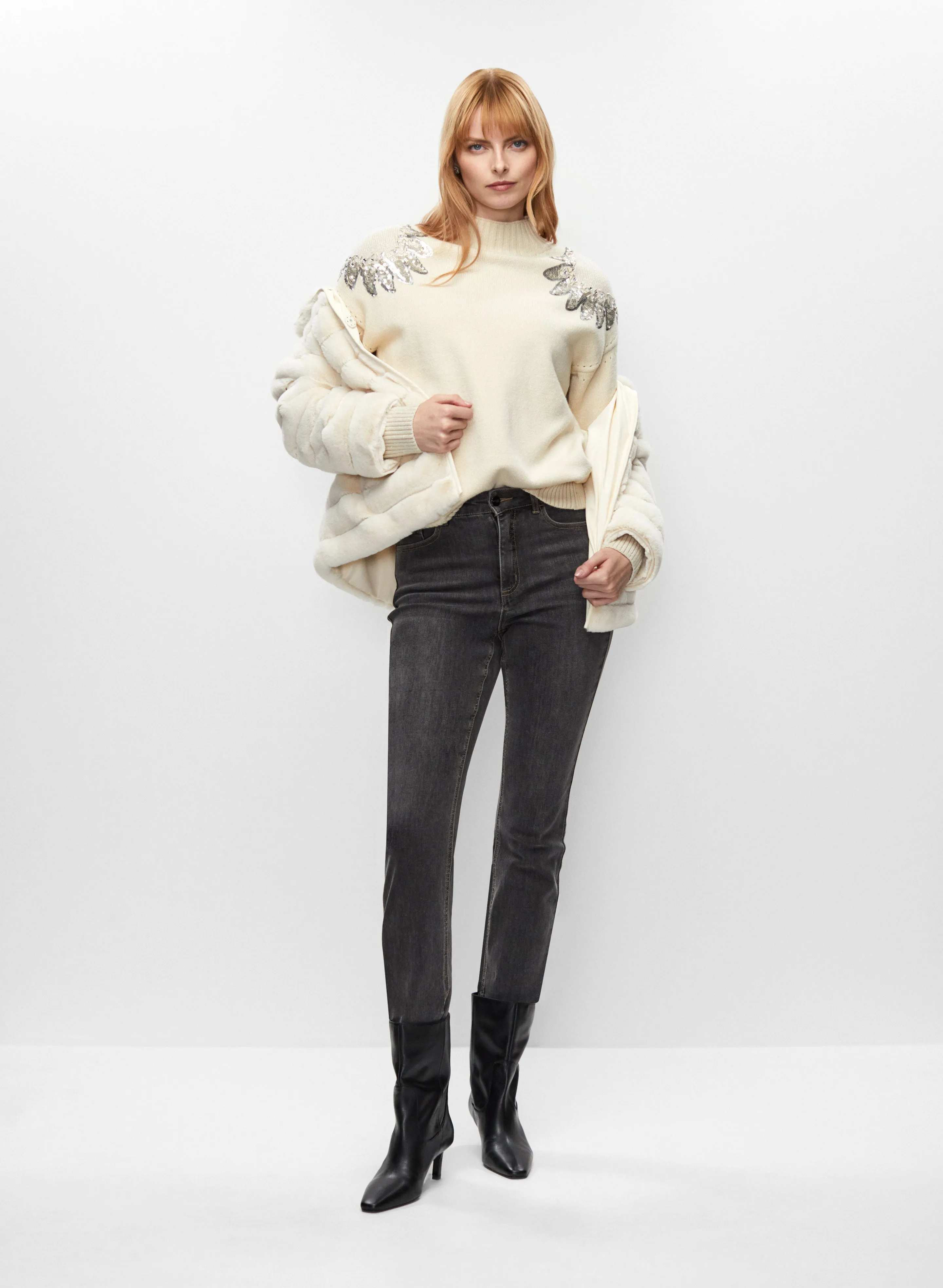 Vegan Fur Coat & Sequin Hem Jeans sold by Melanie Lyne
