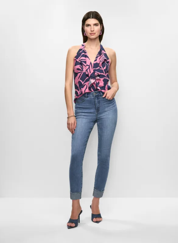 Ruffled Floral Linen Blouse & Cuffed Slim Leg Jeans sold by Melanie Lyne
