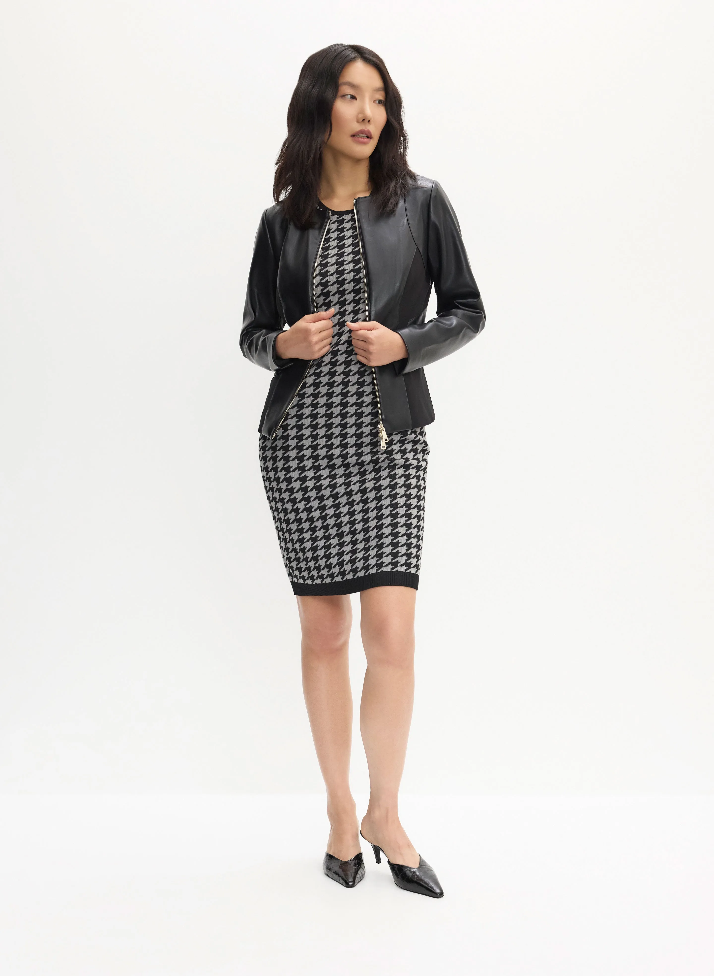Vegan Leather Jacket & Houndstooth Print Dress sold by Melanie Lyne