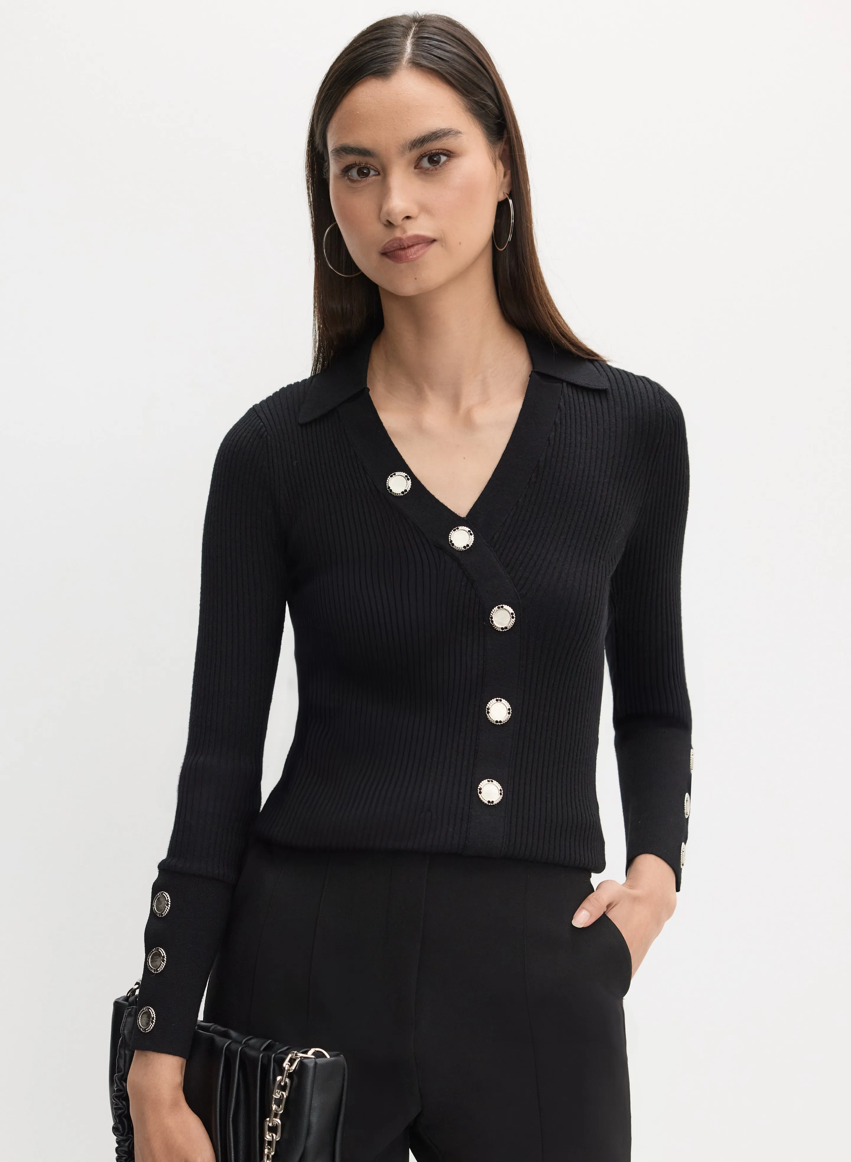 Ribbed Asymmetrical Button-Up Sweater sold by Melanie Lyne