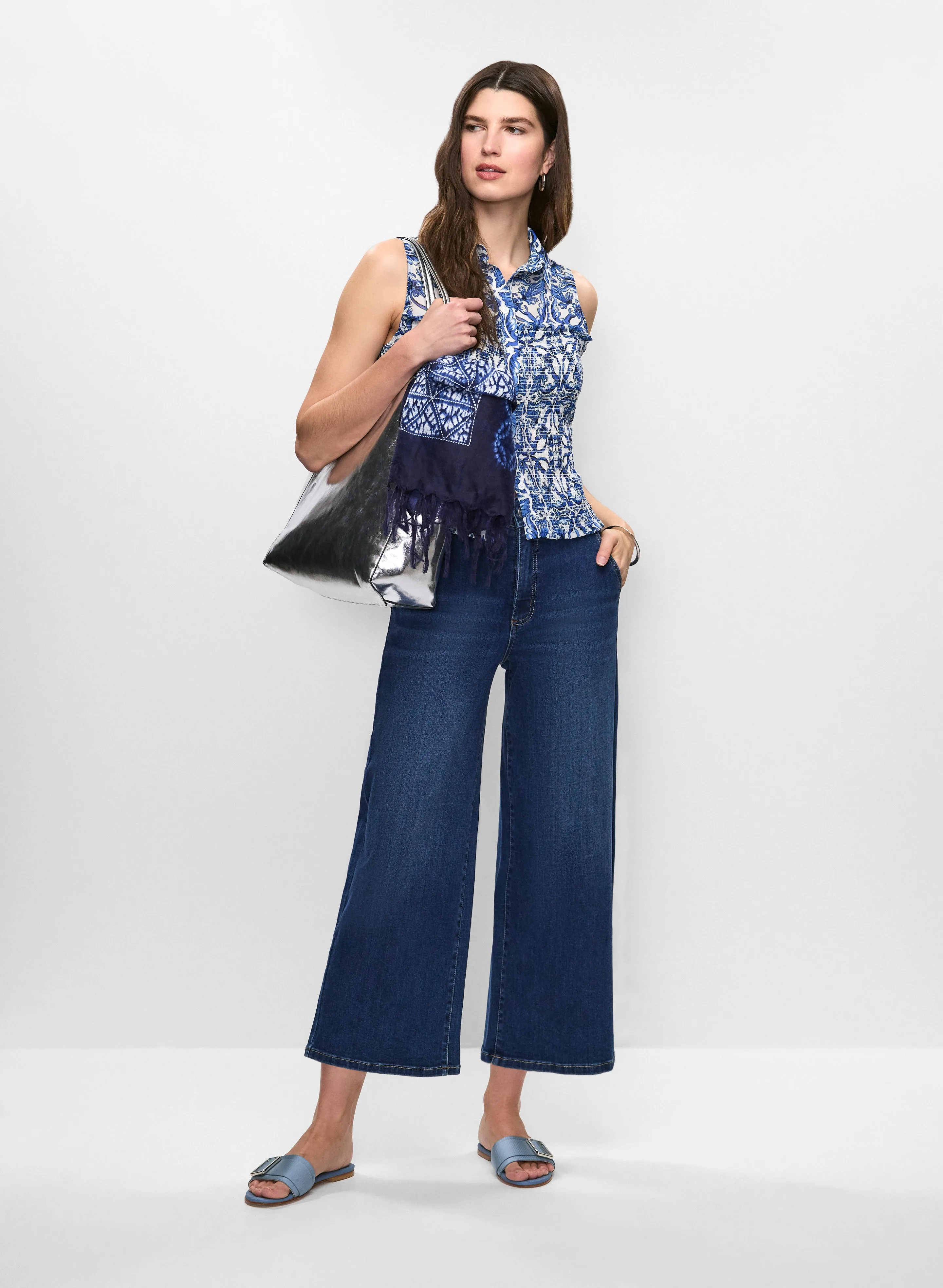 Abstract Print Button-Down Blouse & Denim Culotte Pants sold by Melanie Lyne