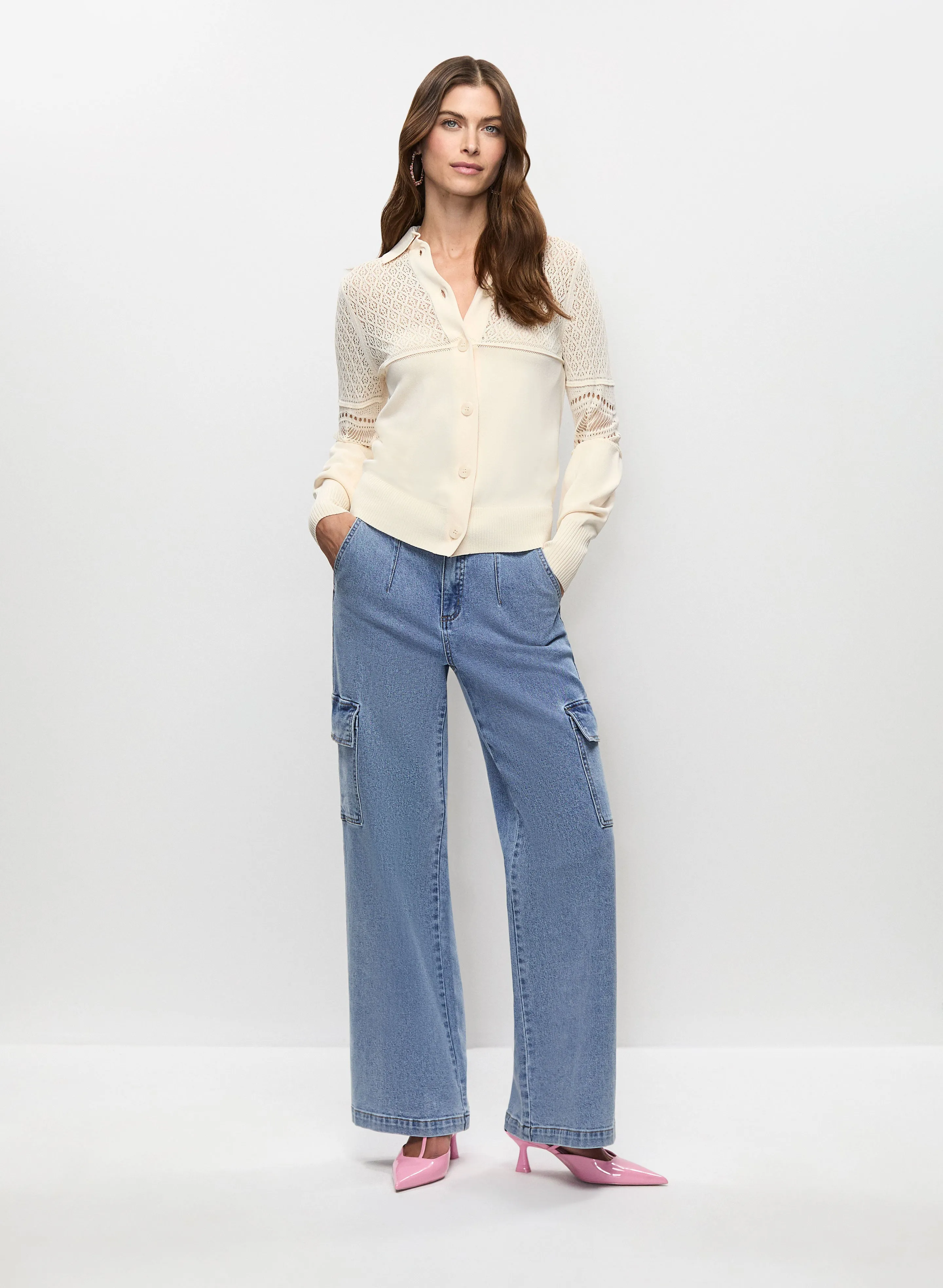 Pointelle Knit Polo Cardigan & Wide Leg Cargo Jeans sold by Melanie Lyne