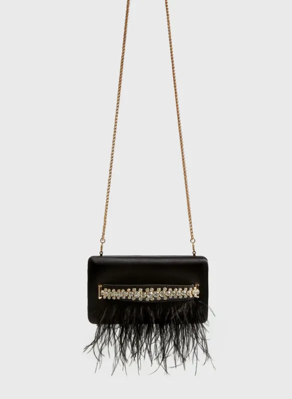 Feather & Crystal Detail Satin Clutch sold by Melanie Lyne