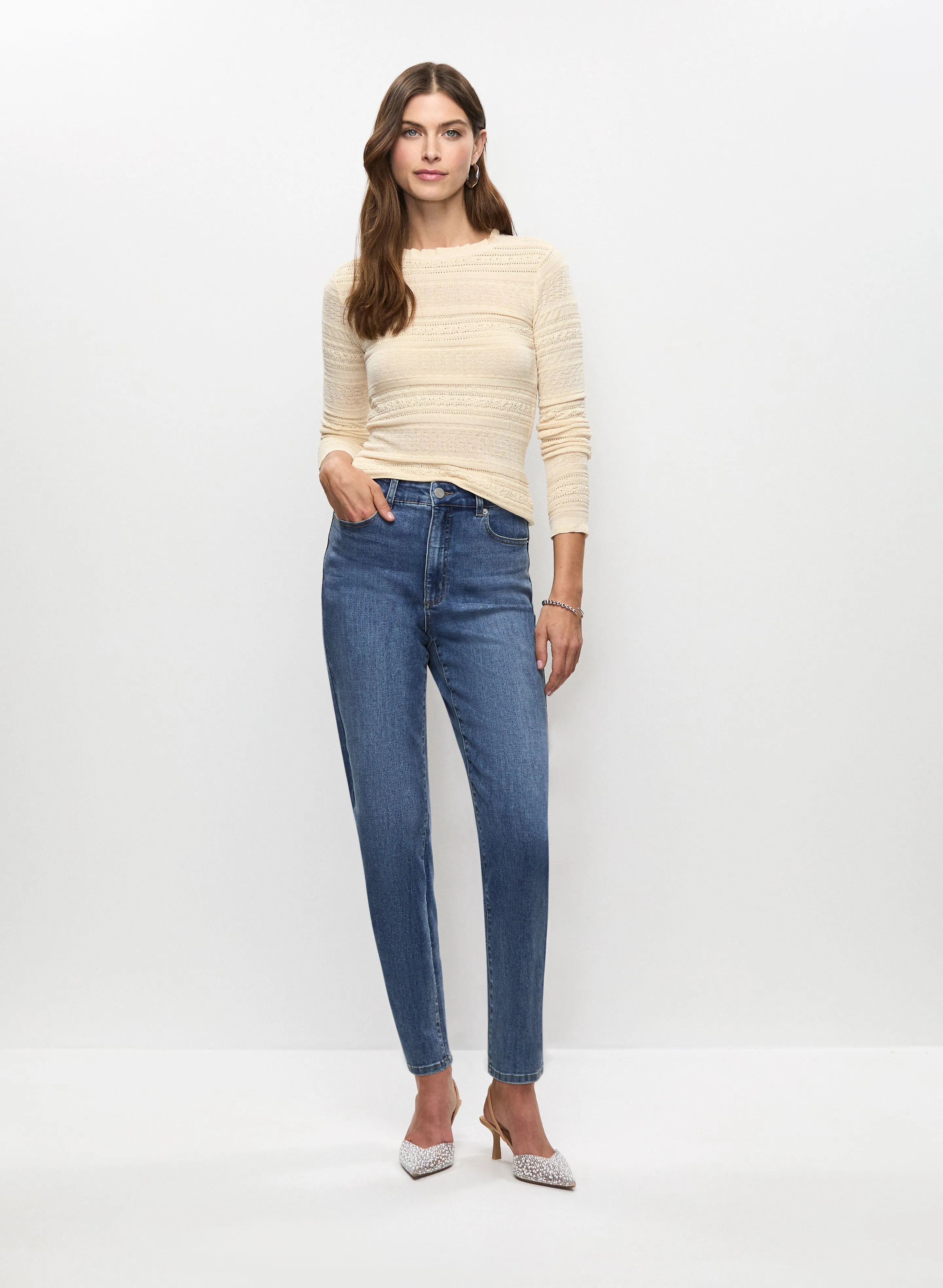 Pointelle Knit Sweater & Straight Leg Jeans sold by Melanie Lyne