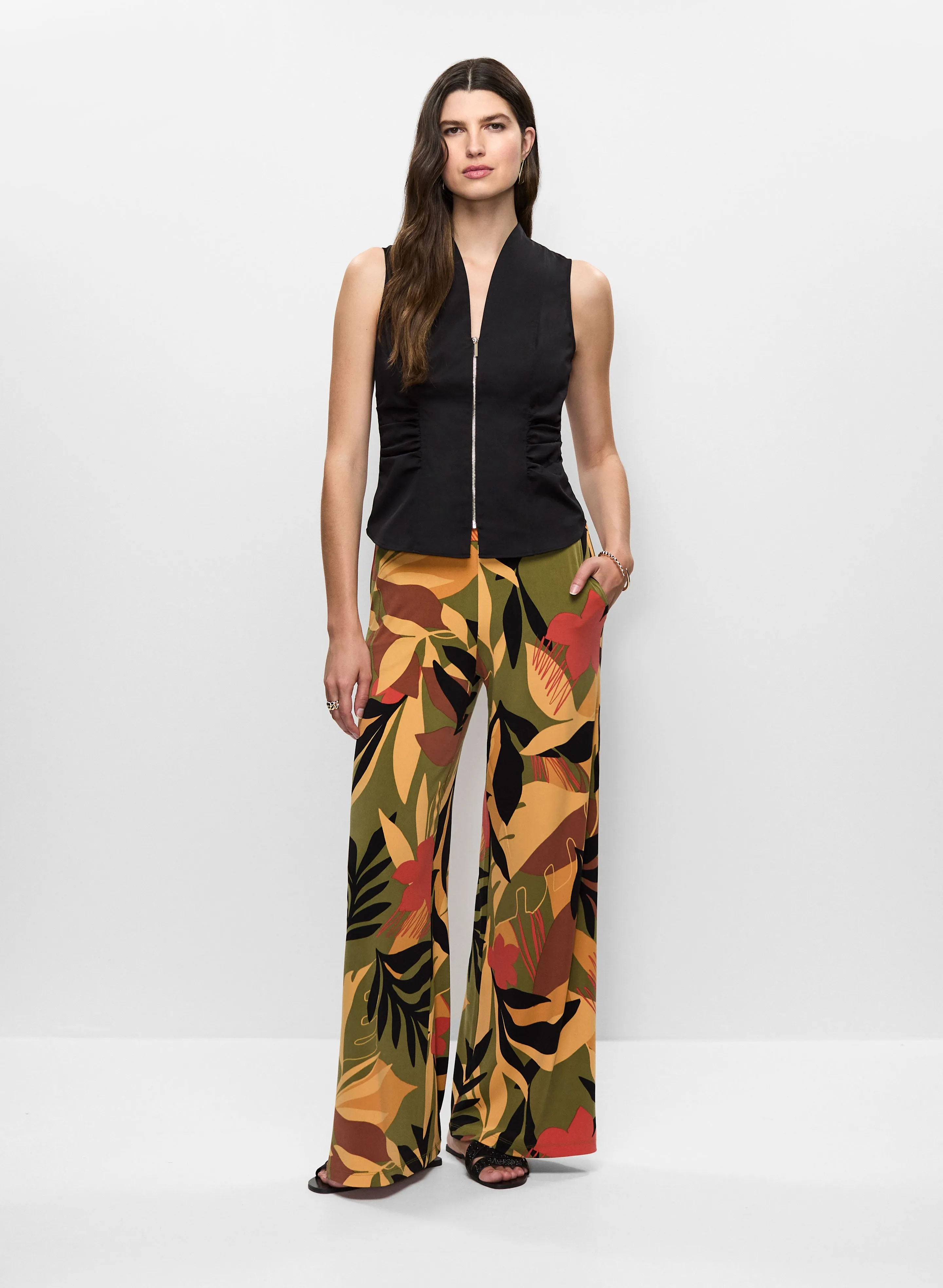 Zippered Sleeveless Top & Tropical Print Flare Leg Pants sold by Melanie Lyne