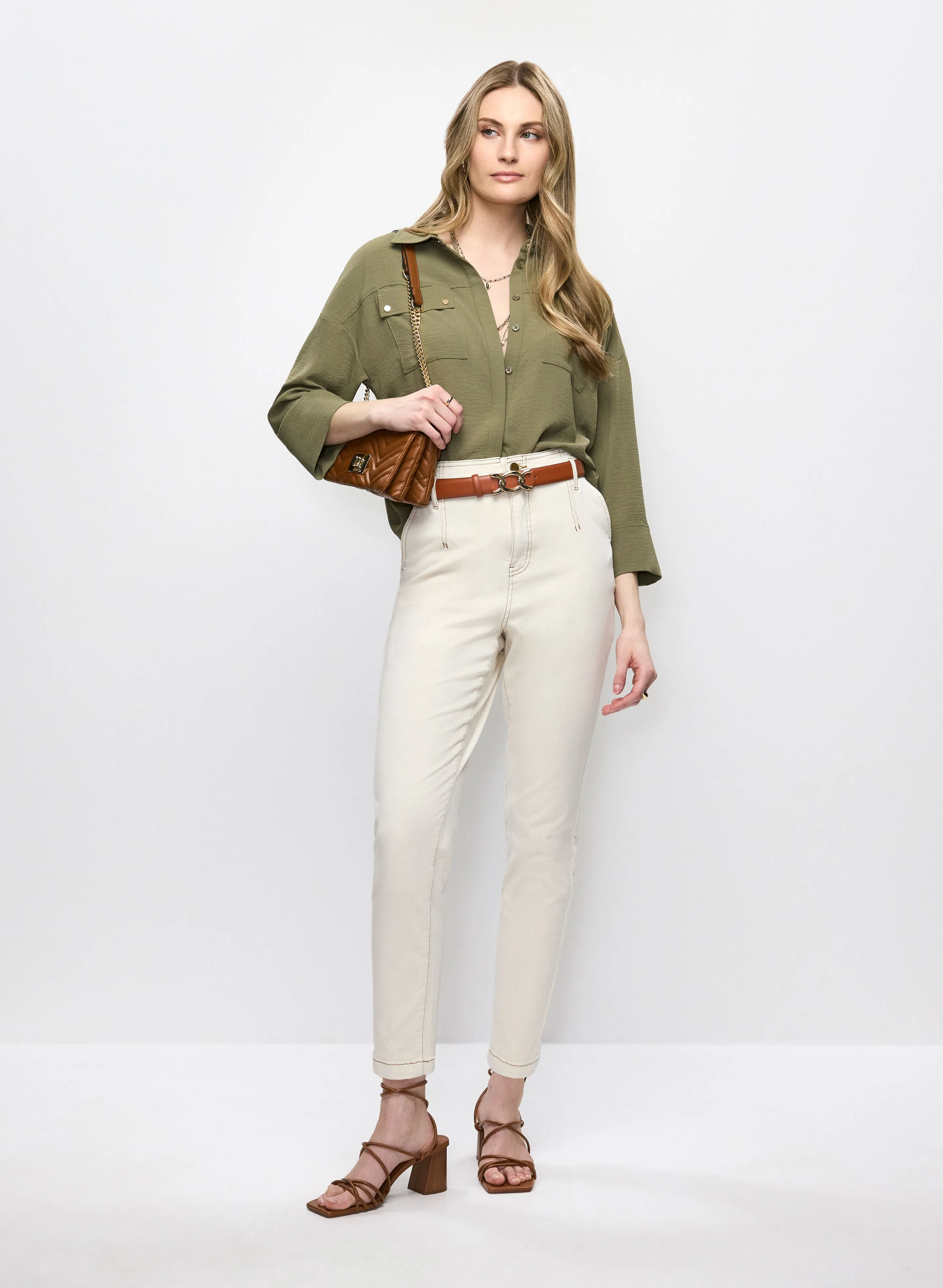 Crinkle Shirt & Tie-Waist Denim Pants sold by Melanie Lyne