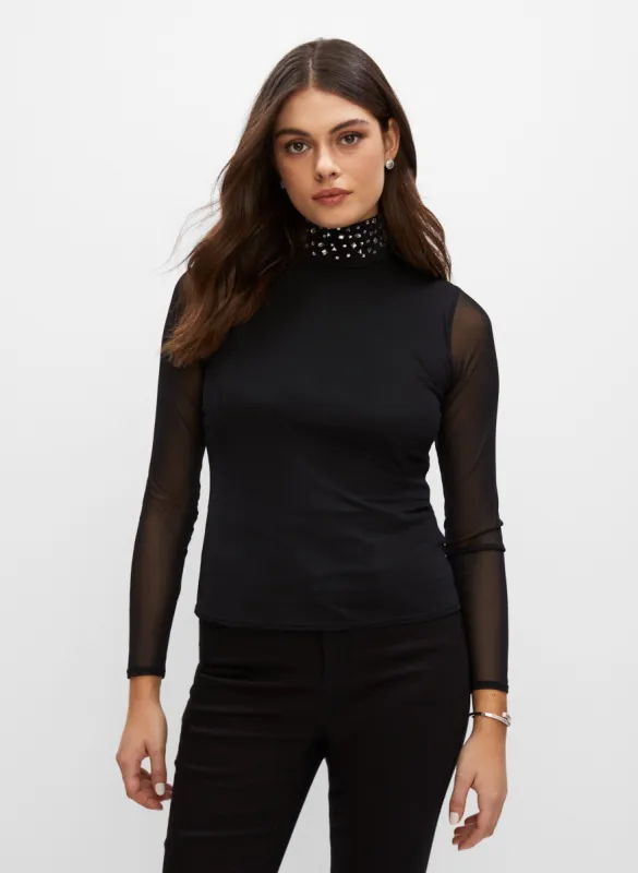 Crystal Detail Mesh Sleeve Top sold by Melanie Lyne