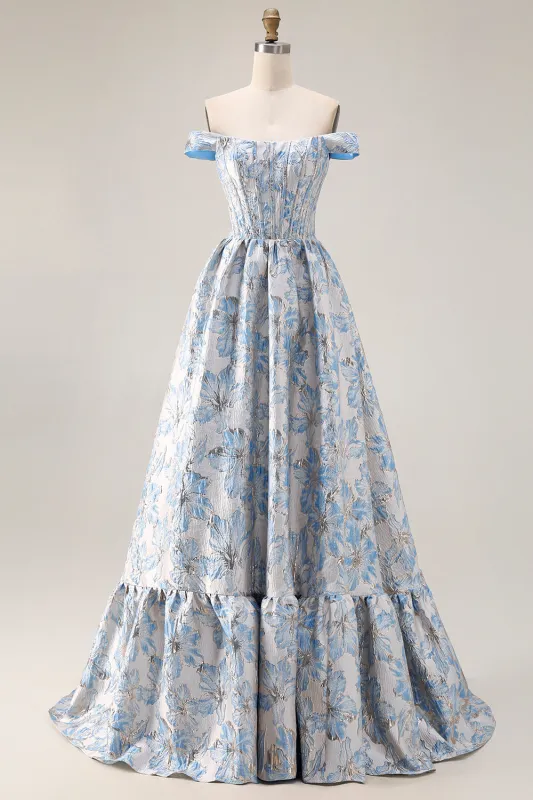 Off the Shoulder Light Blue A Line Jacquard Convertible Long Prom Dress made by Wedtrend