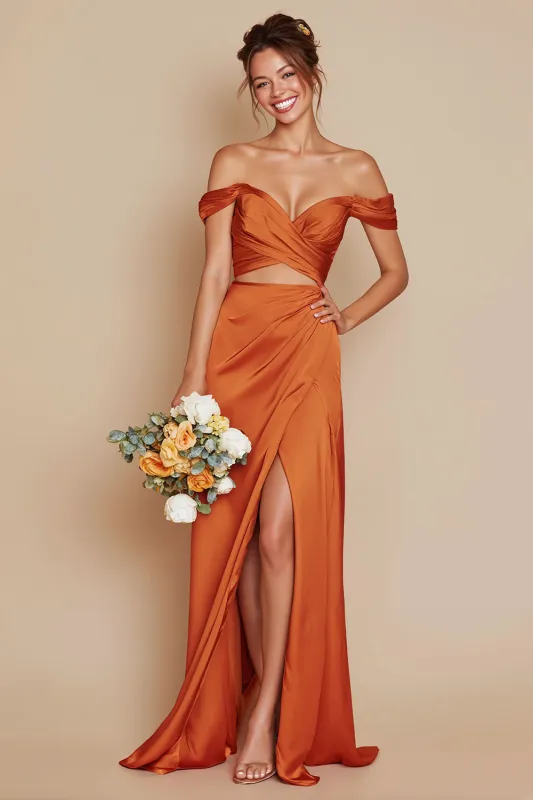 Off the Shoulder Mermaid Orange Cut Out Satin Bridesmaid Dress with Slit sold by Wedtrend