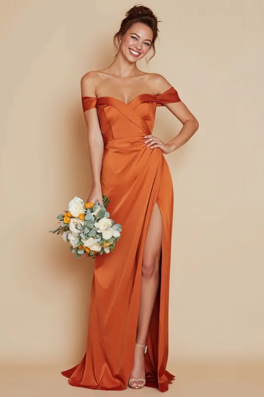 Orange Off the Shoulder Mermaid Satin Long Bridesmaid Dress with Slit made by Wedtrend