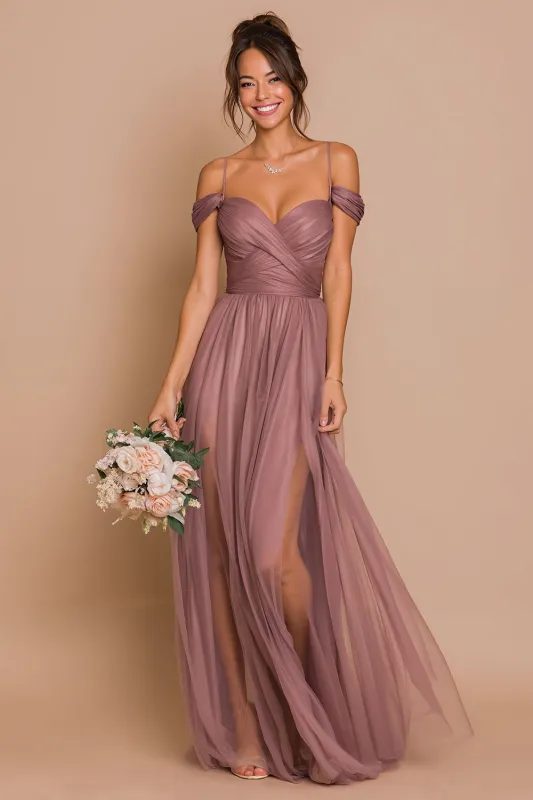 Cold Shoulder A Line Desert Rose Ruched Chiffon Bridesmaid Dress with Slit sold by Wedtrend