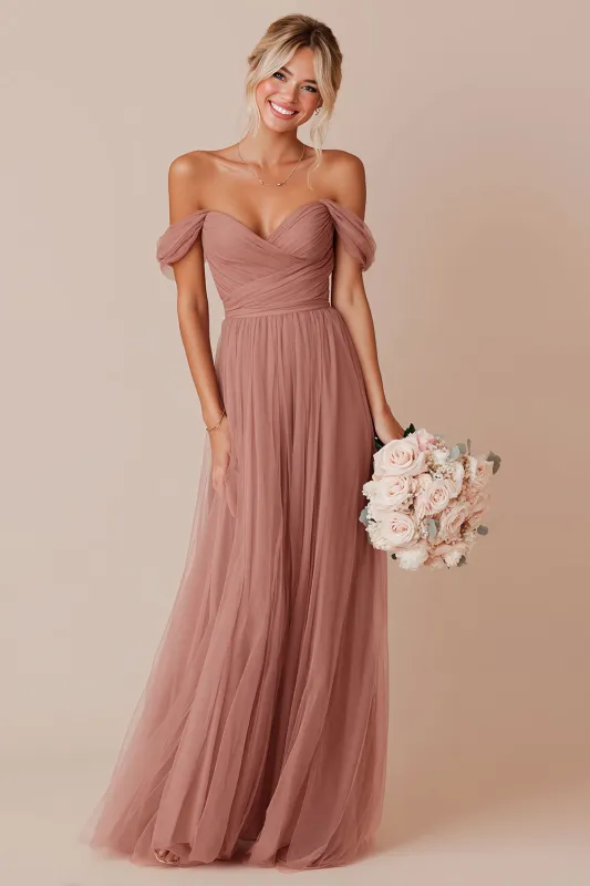 Off the Shoulder A Line Dusty Rose Pleated Long Bridesmaid Dress sold by Wedtrend