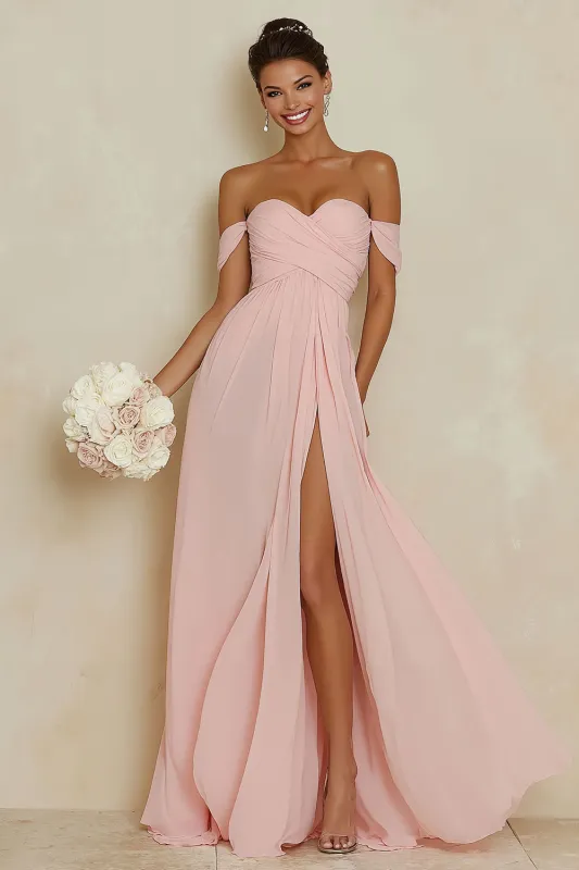 Off the Shoulder A Line Chiffon Blush Pink Bridesamid Dress with Slit sold by Wedtrend
