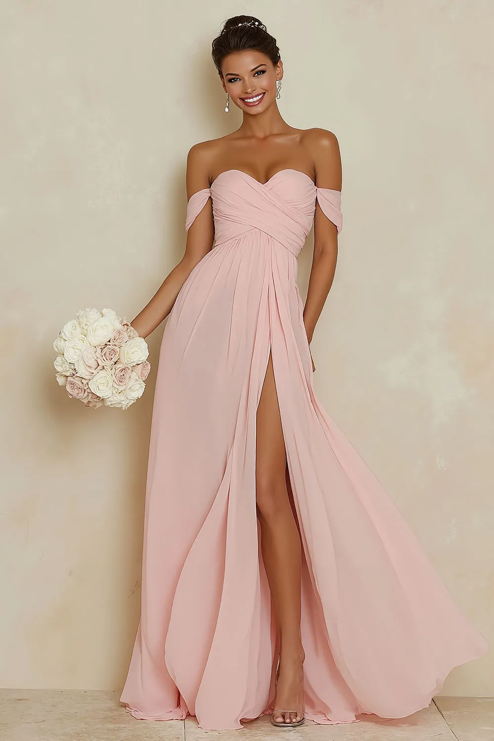 Off the Shoulder A Line Chiffon Blush Pink Bridesamid Dress with Slit sold by Wedtrend