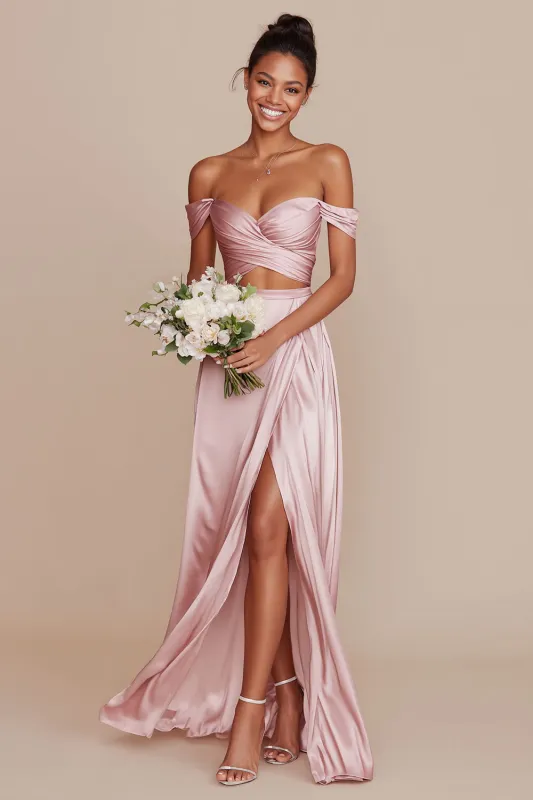 Off the Shoulder A Line Cut Out Satin Long Bridesmaid Dress with Slit made by Wedtrend