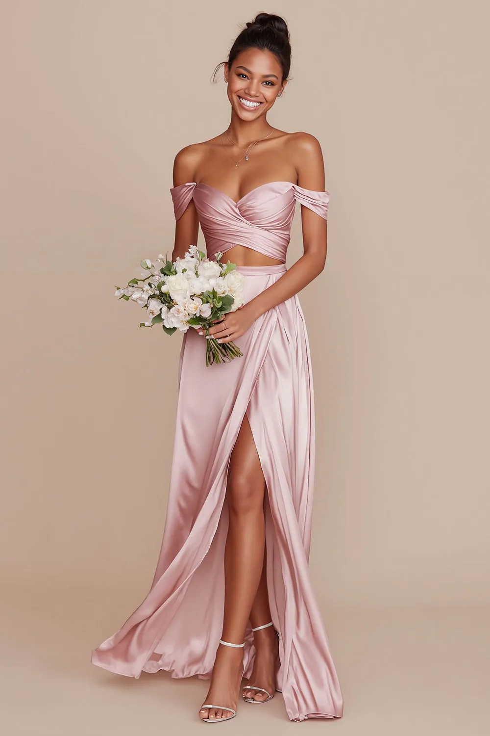 Off the Shoulder A Line Cut Out Satin Long Bridesmaid Dress with Slit sold by Wedtrend