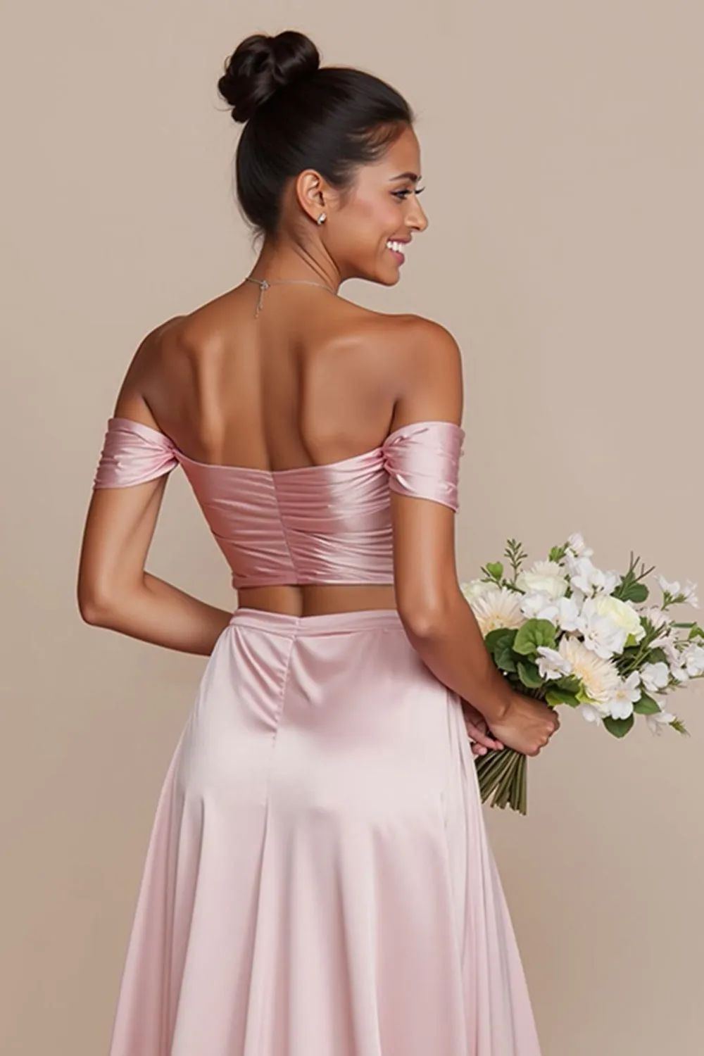 Off the Shoulder A Line Cut Out Satin Long Bridesmaid Dress with Slit sold by Wedtrend product image thumbnail 3