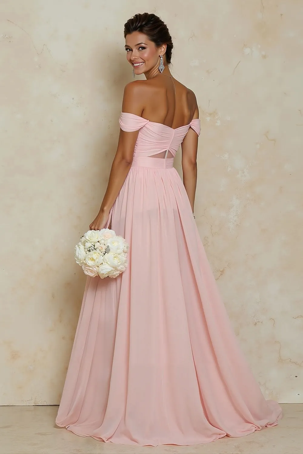 Blush Pink A Line Off the Shoulder Cut Out Chiffon Bridesmaid Dress with Slit sold by Wedtrend product image thumbnail 2
