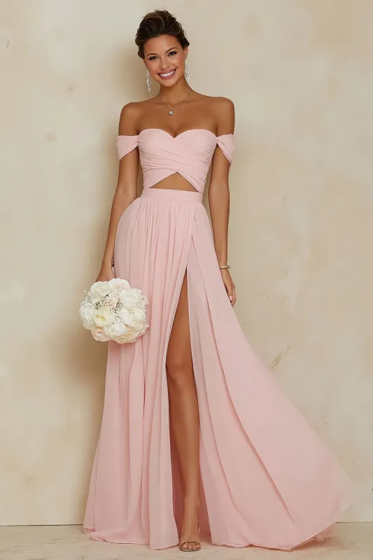 Blush Pink A Line Off the Shoulder Cut Out Chiffon Bridesmaid Dress with Slit sold by Wedtrend